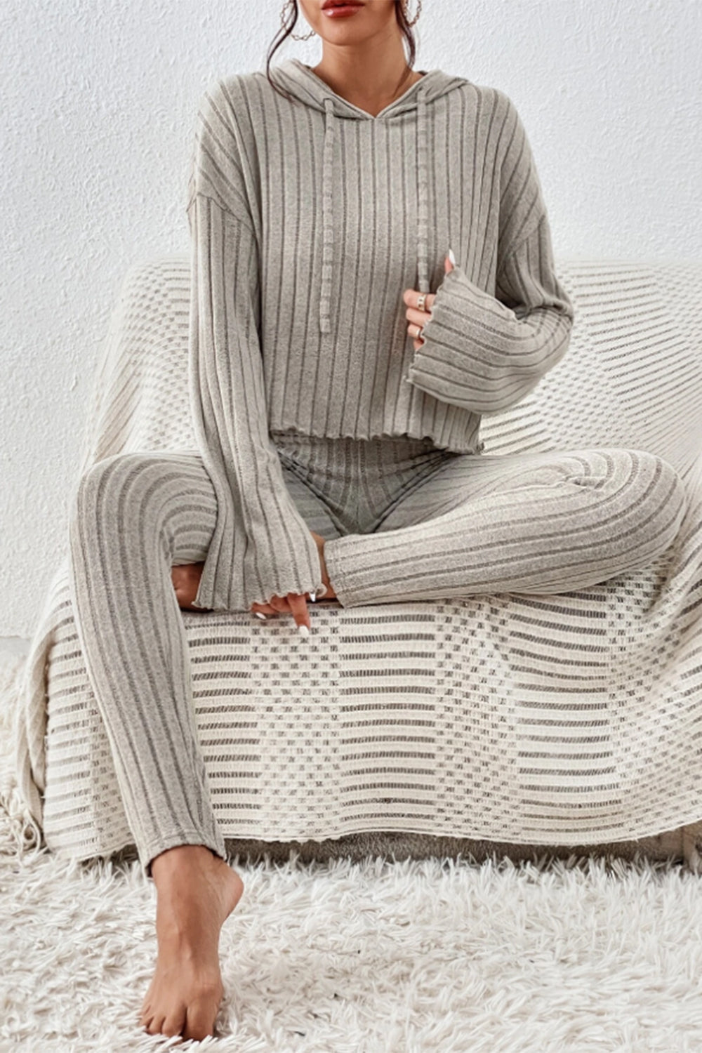 Lettuce Hem Dropped Shoulder Hooded Top and Pants Set - Tantalize Boutique