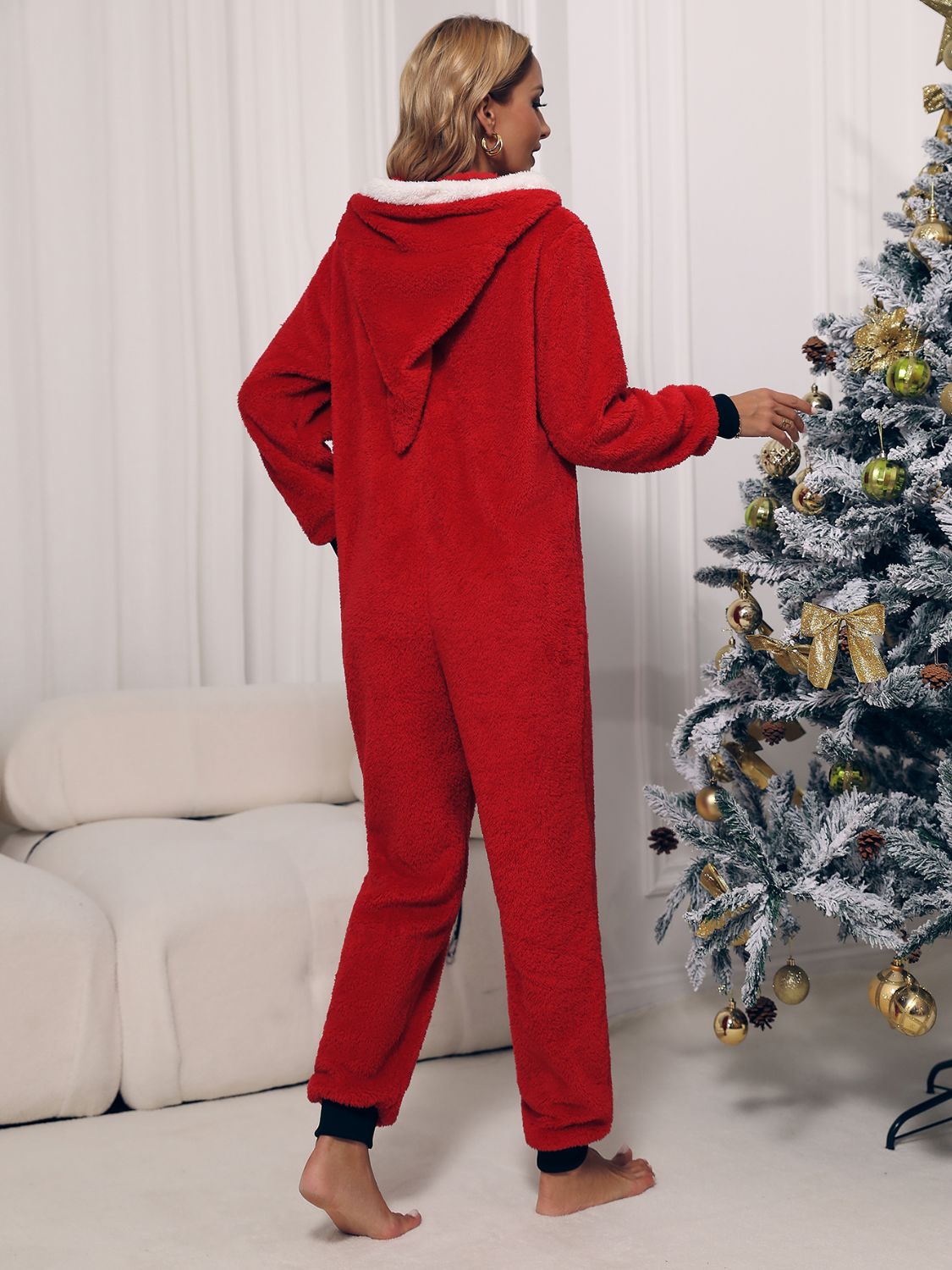 Zip Front Long Sleeve Hooded Teddy Lounge Jumpsuit - Tantalize Boutique