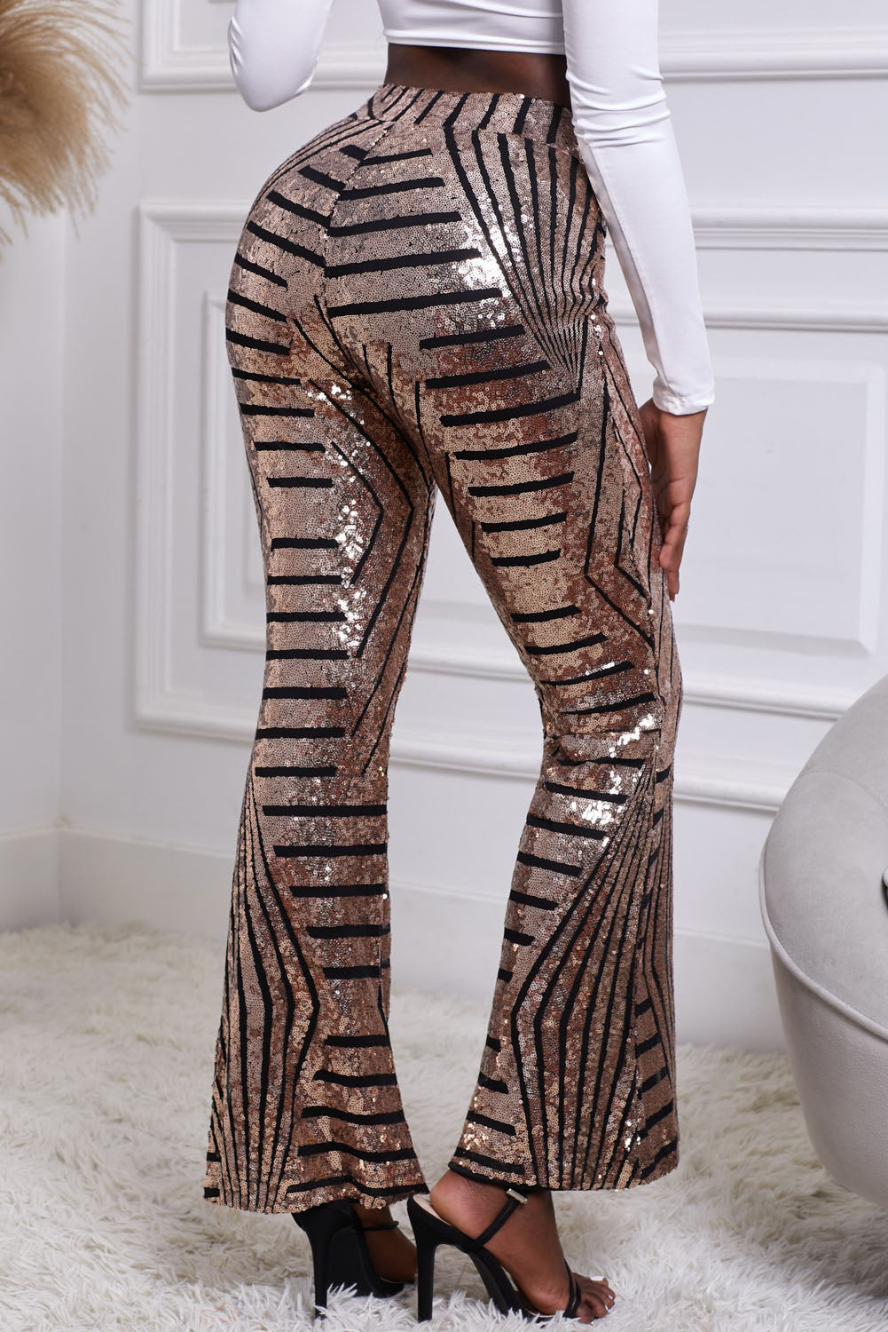Sequin Striped High Waist Bootcut Pants - Tantalize Boutique