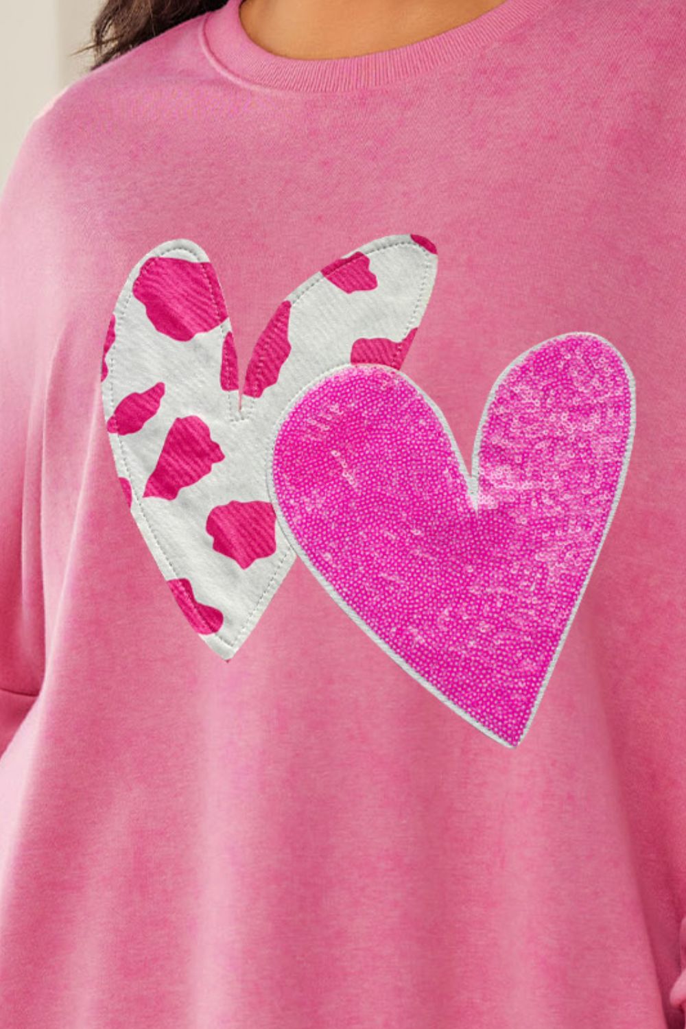 Plus Size Heart Sequin Round Neck Sweatshirt - Tantalize Boutique