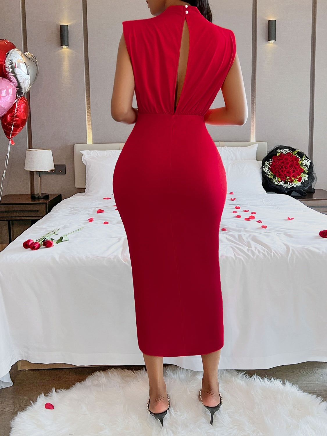 Cutout Slit Mock Neck Sleeveless Dress - Tantalize Boutique
