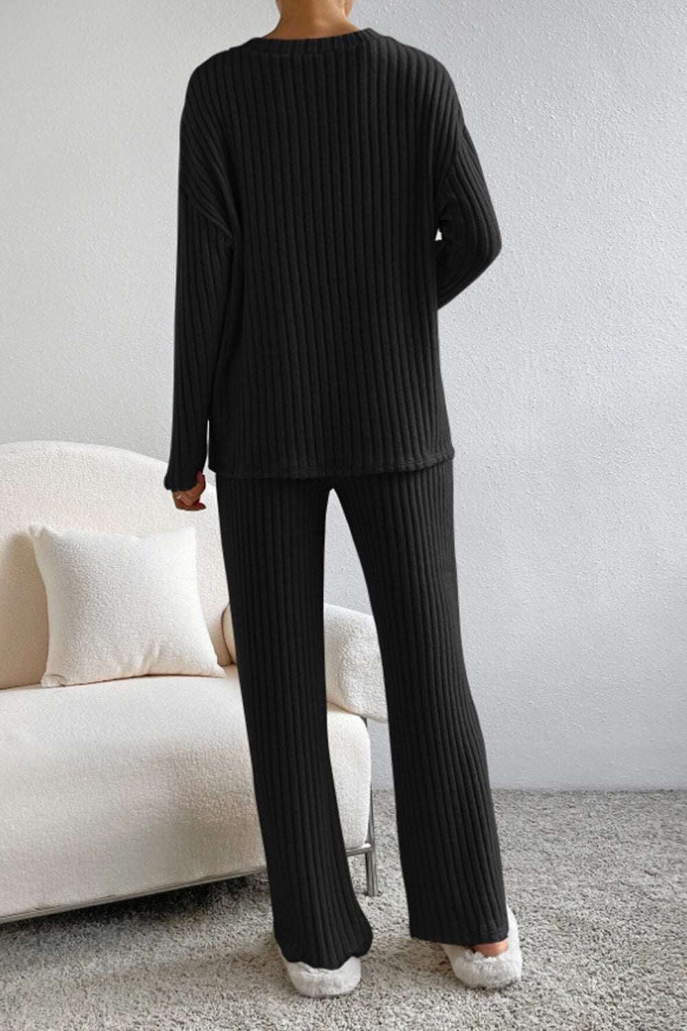 Ribbed V-Neck Top and Pants Set - Tantalize Boutique