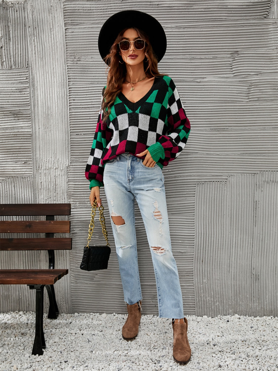 Checkered V-Neck Lantern Sleeve Sweater - Tantalize Boutique