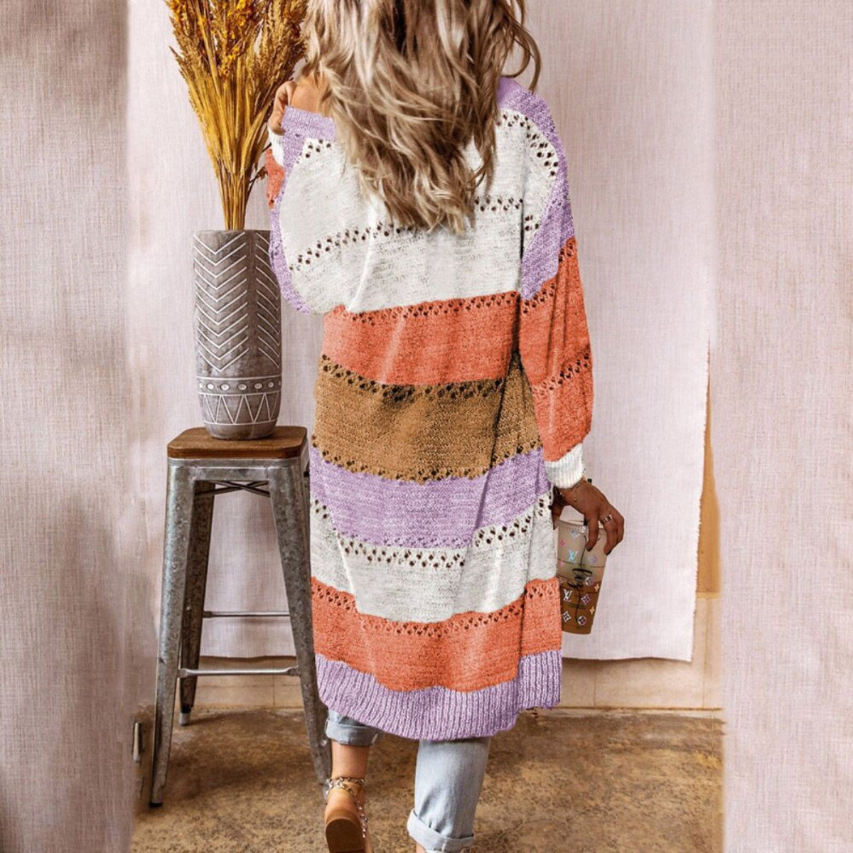 Color Block Open Front Openwork Cardigan - Tantalize Boutique