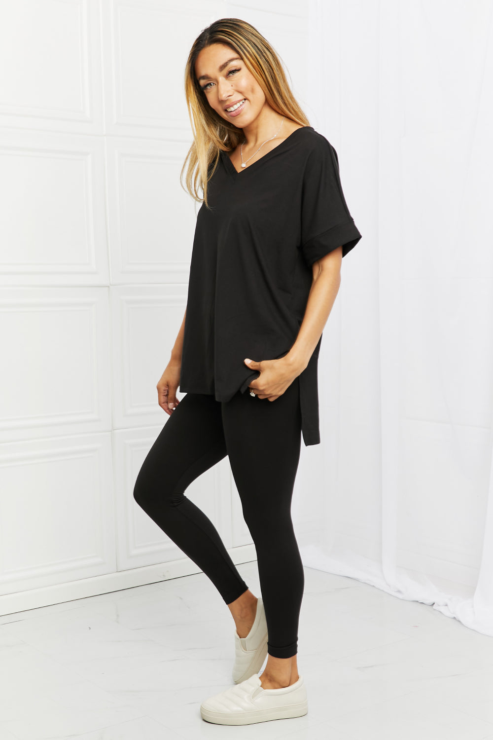 Zenana Self Love Full Size Brushed DTY Microfiber Lounge Set in Black - Tantalize Boutique