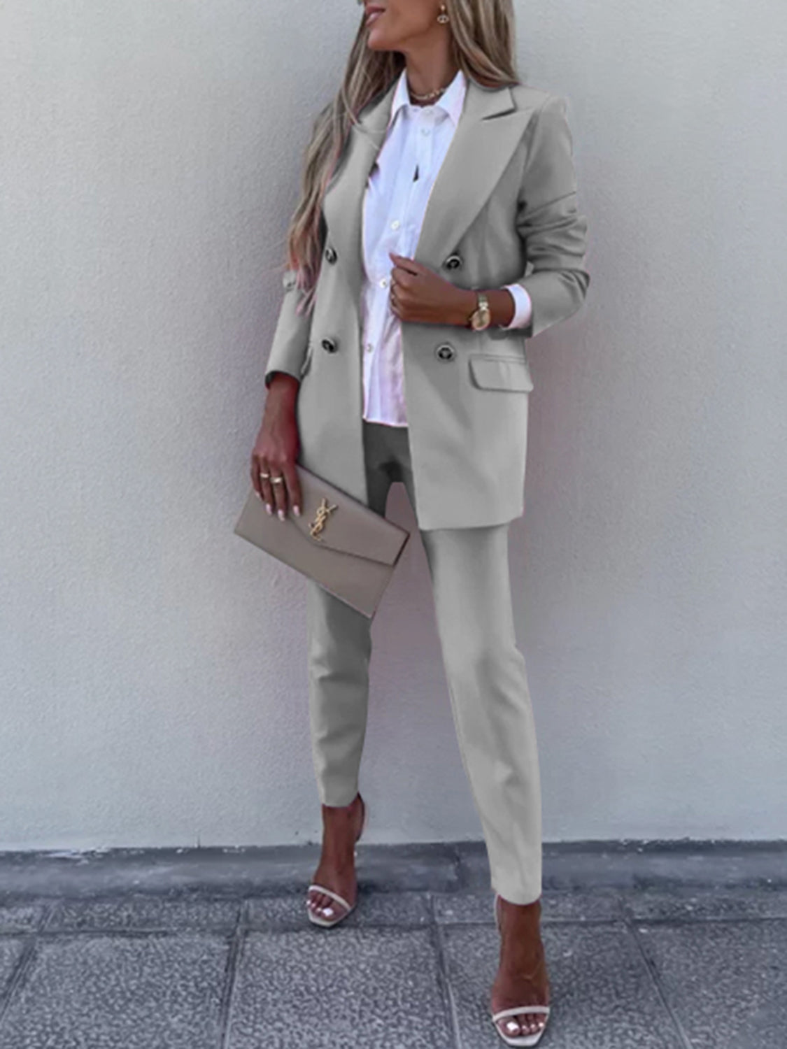 Lapel Collar Long Sleeve Blazer and Pants Set - Tantalize Boutique