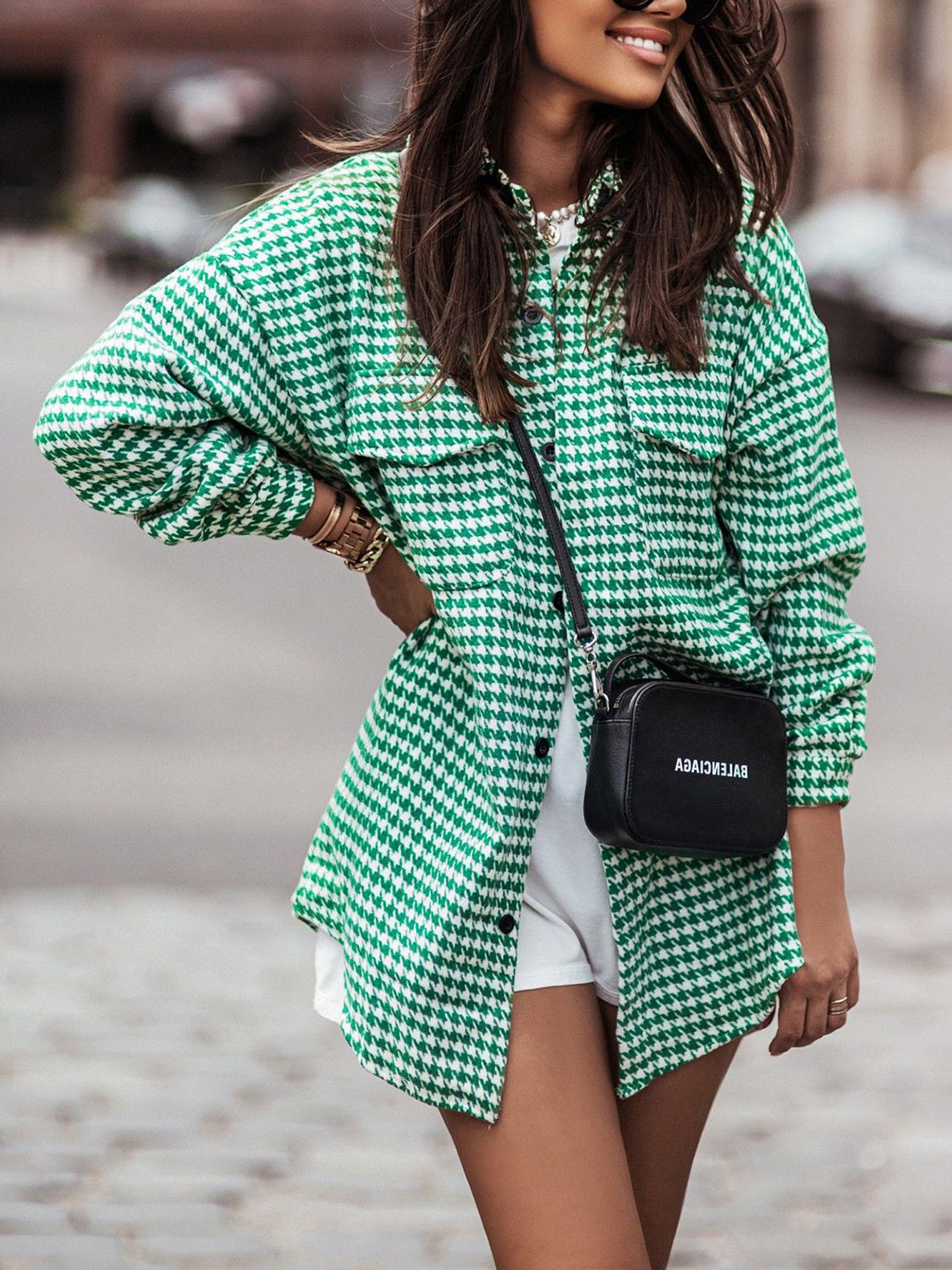 Houndstooth Button Up Dropped Shoulder Jacket - Tantalize Boutique