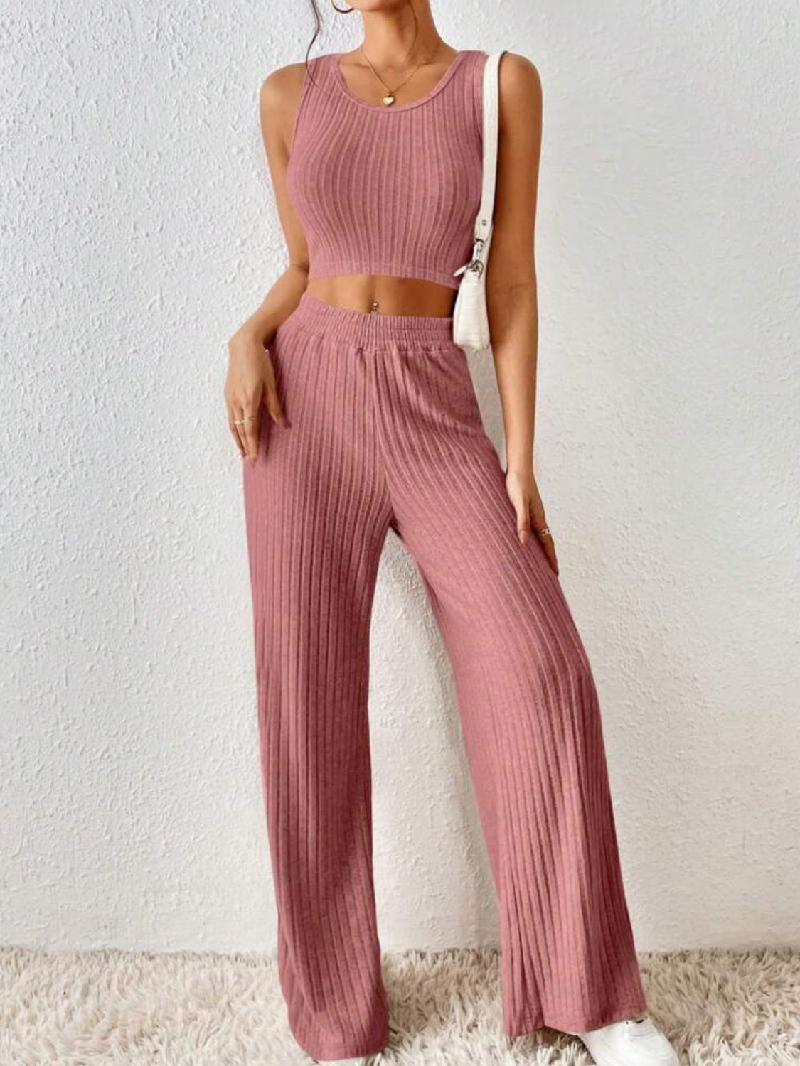 Ribbed Round Neck Tank and Pants Sweater Set - Tantalize Boutique