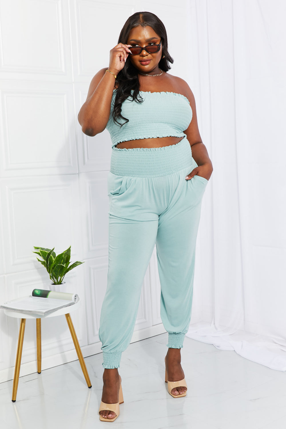 Zenana Full Size Stylish Comfort Smocked Tube Top & Joggers Set - Tantalize Boutique
