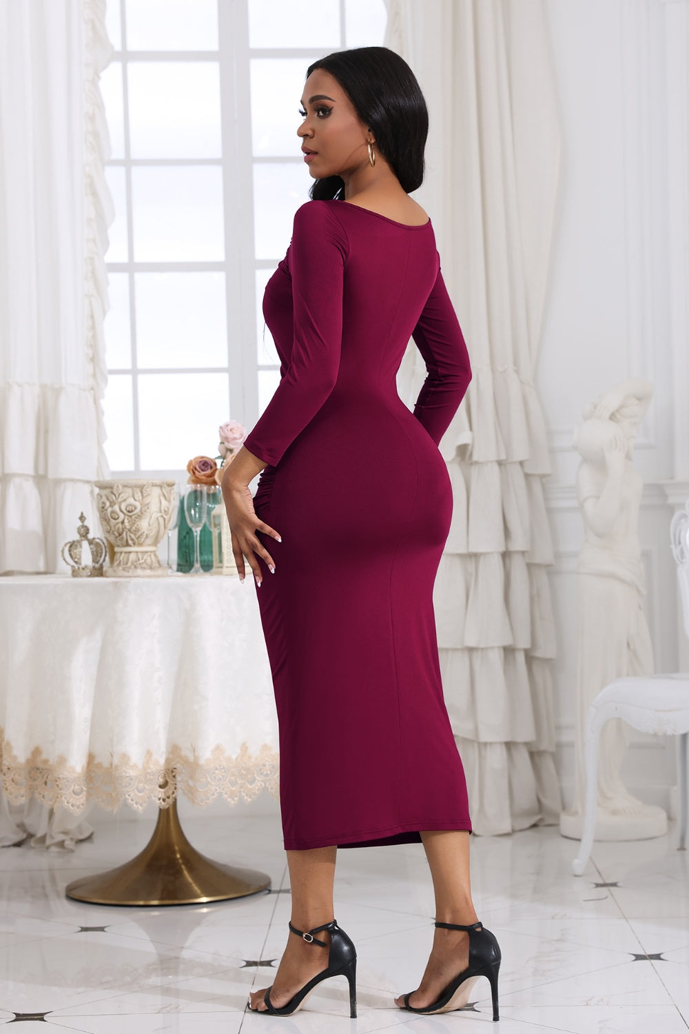 Ruched Boat Neck Midi Dress - Tantalize Boutique
