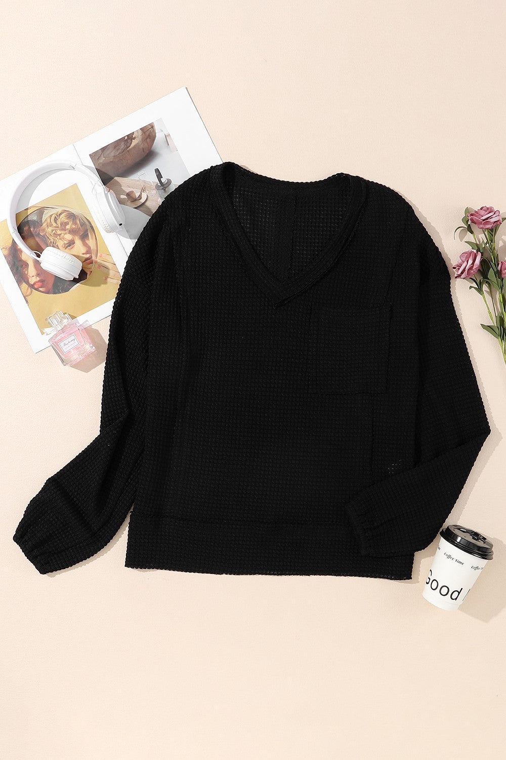 Waffle-Knit Pocketed V-Neck Blouse - Tantalize Boutique