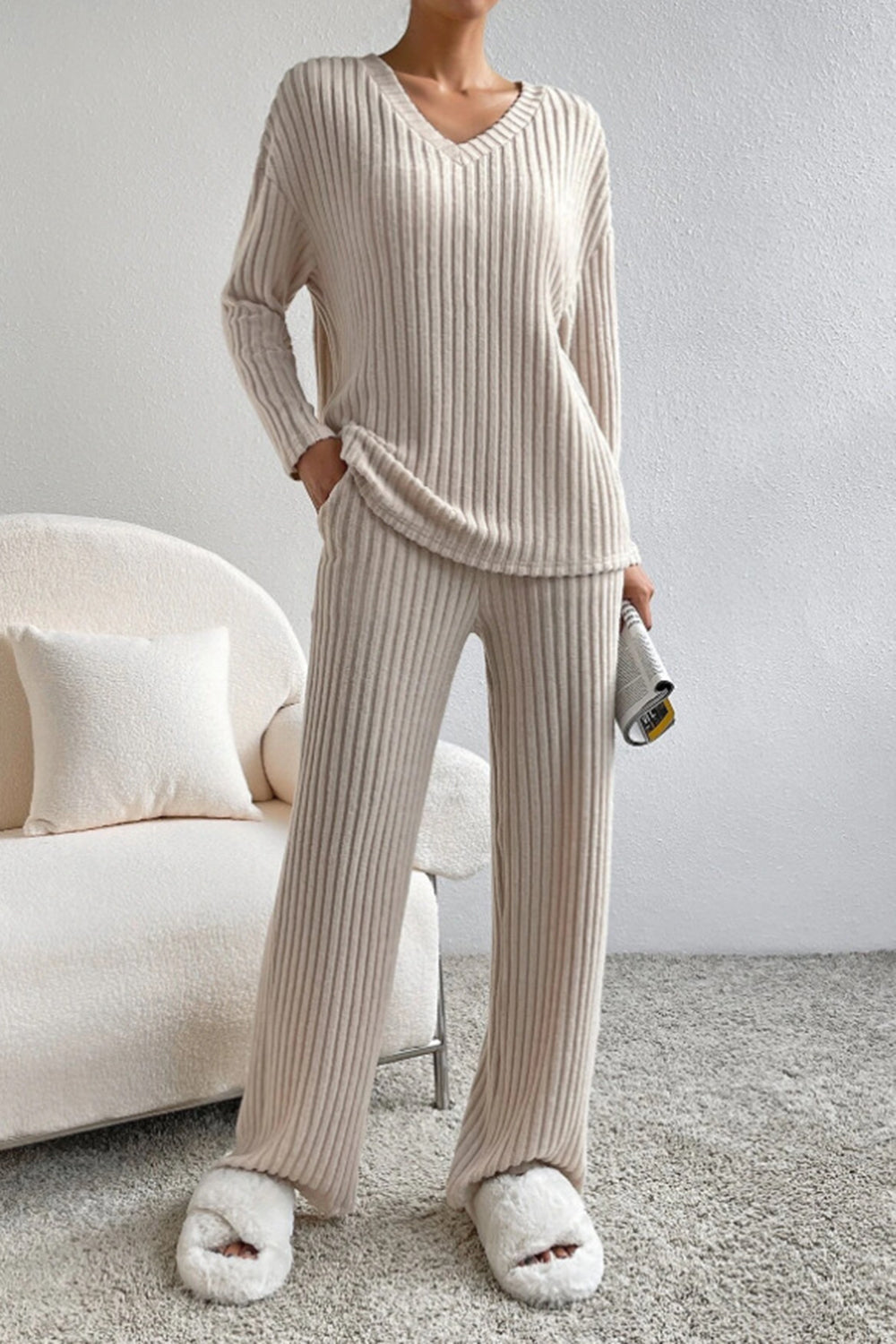 Ribbed V-Neck Top and Pants Set - Tantalize Boutique