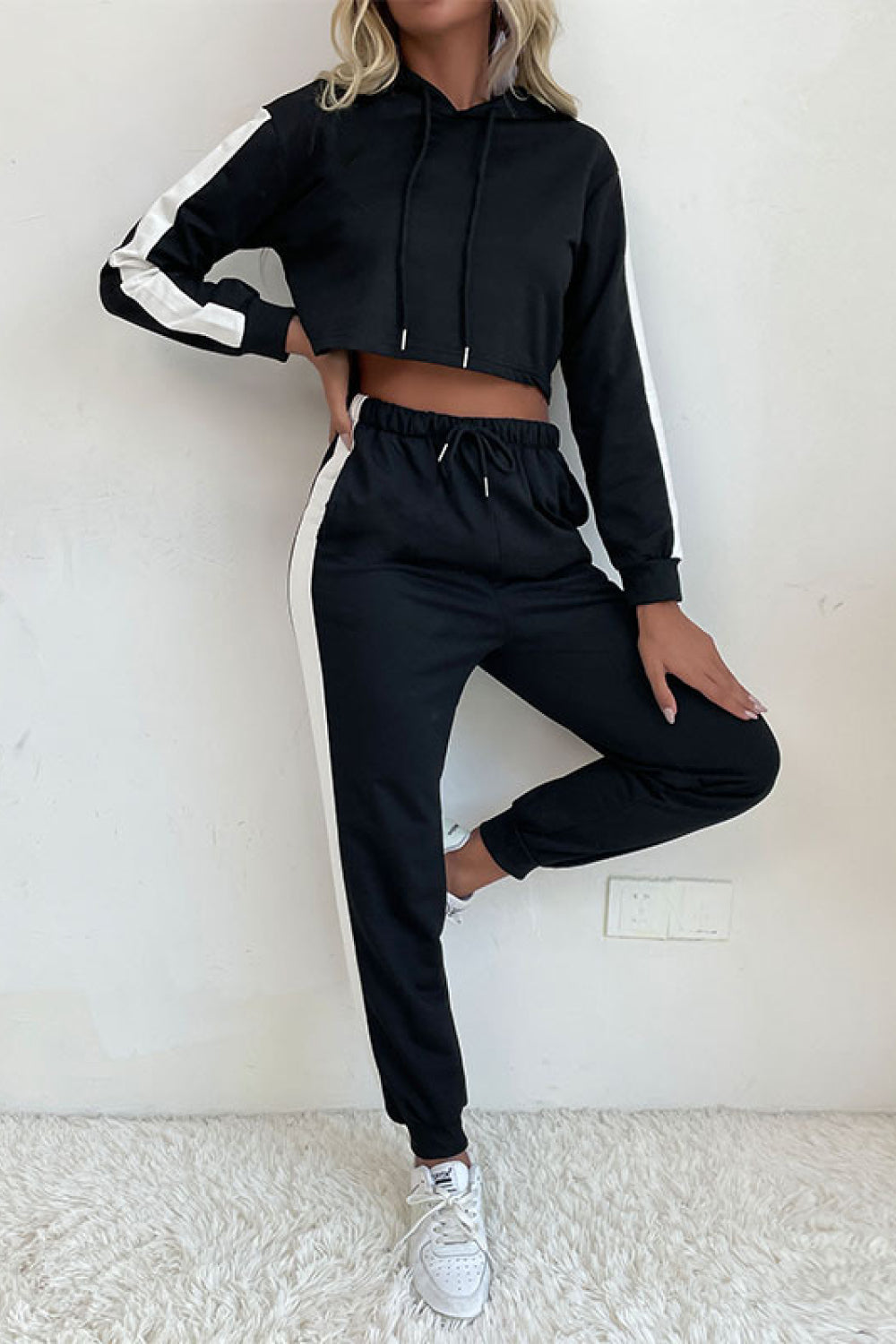 Side Stripe Cropped Hoodie and Jogger Set - Tantalize Boutique