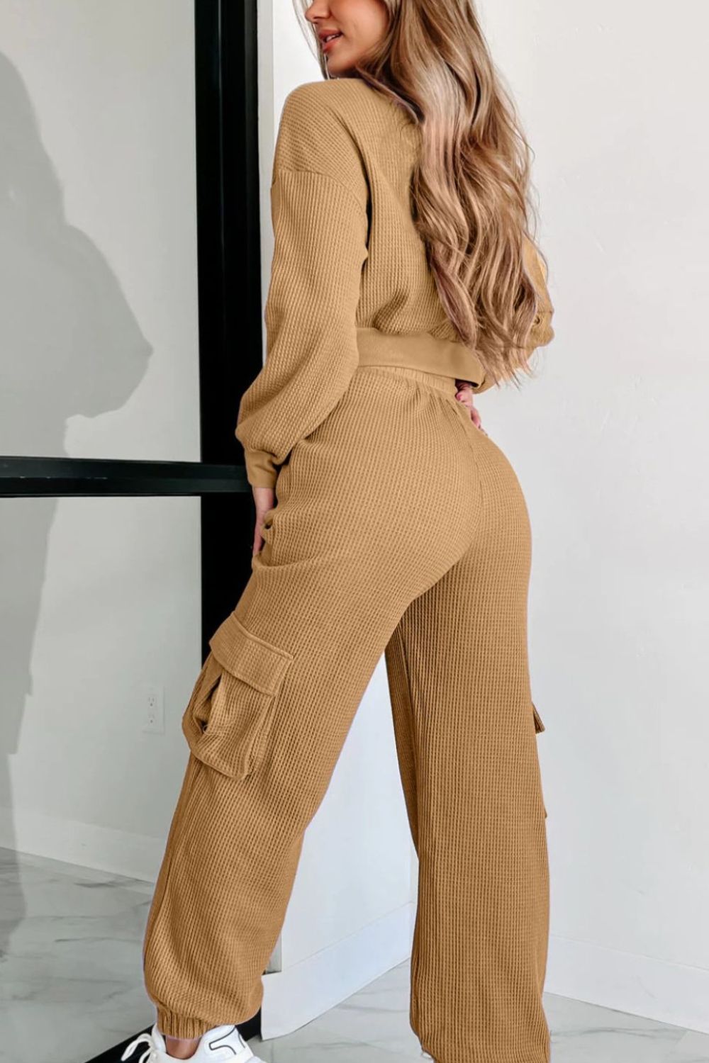 Waffle-knit Top and Drawstring Joggers Set - Tantalize Boutique