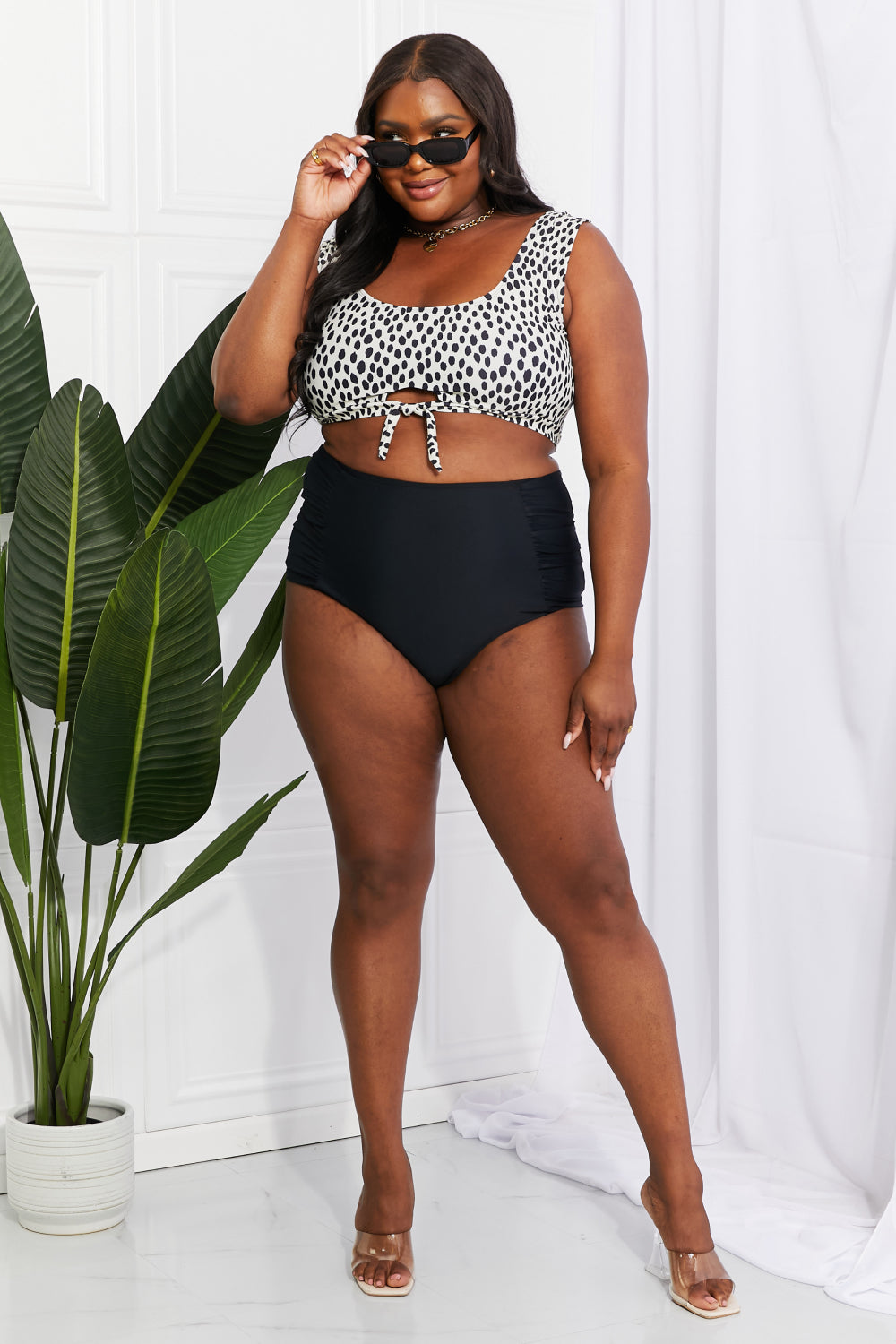 Marina West Swim Sanibel Crop Swim Top and Ruched Bottoms Set in Black - Tantalize Boutique