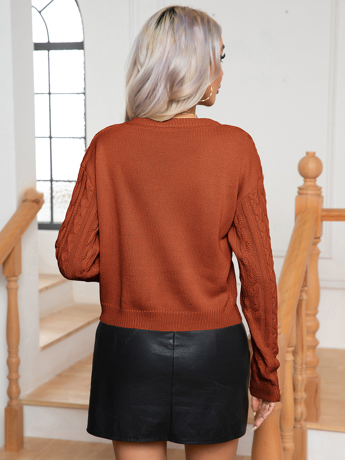 Cable-Knit Round Neck Long Sleeve Sweater - Tantalize Boutique