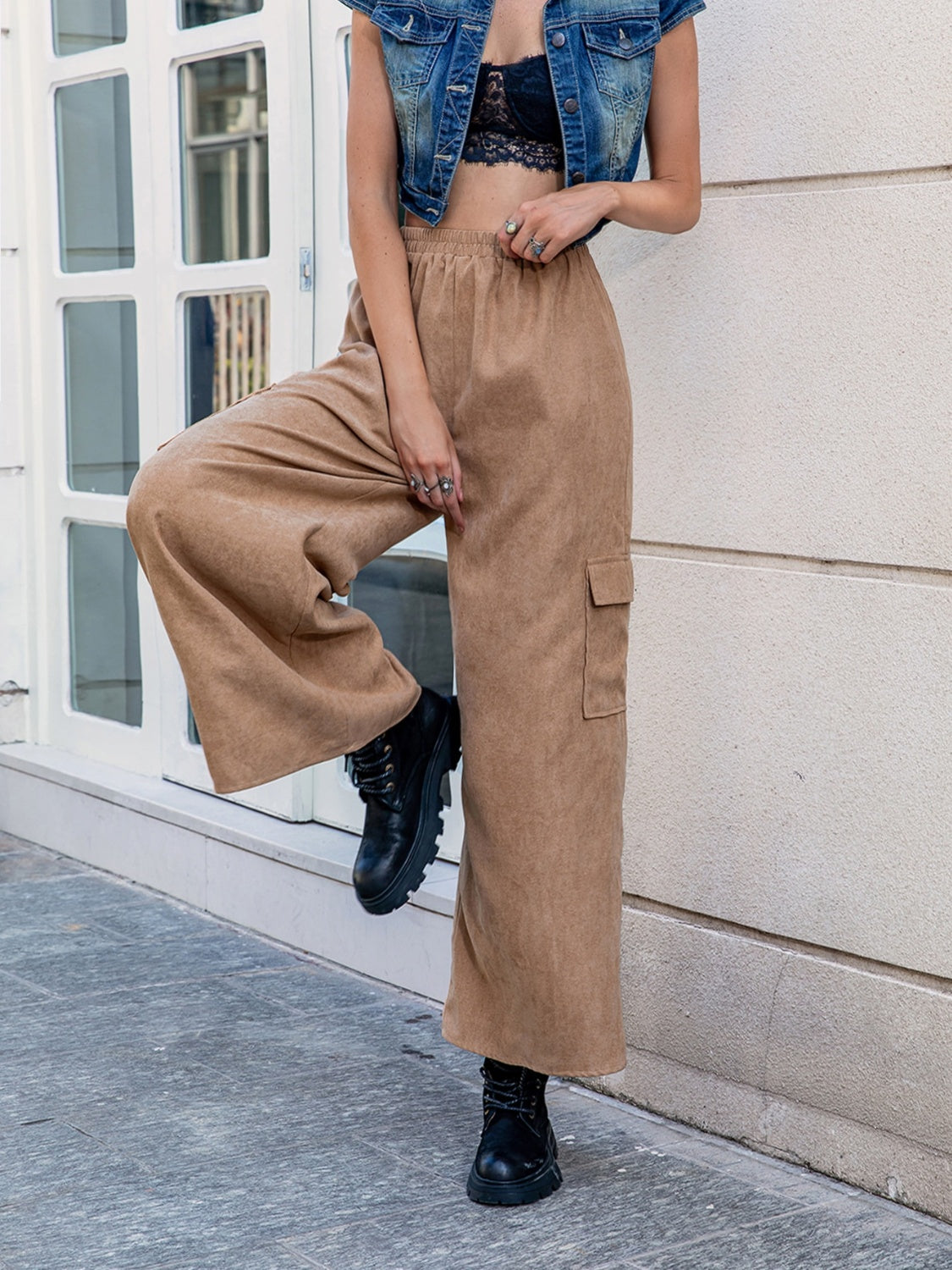 Pocketed Wide Leg Elastic Waist Pants - Tantalize Boutique