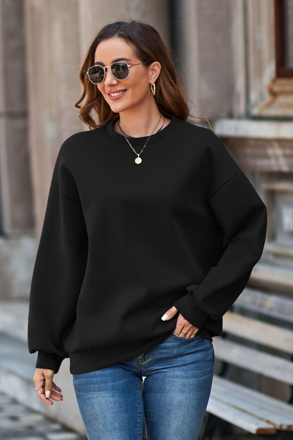 Round Neck Dropped Shoulder Sweatshirt - Tantalize Boutique