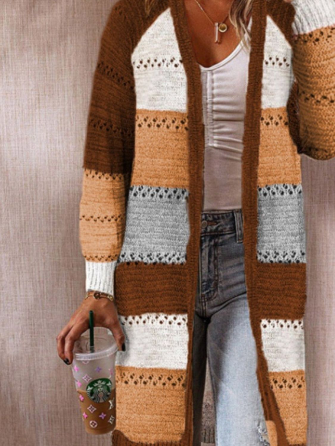 Color Block Open Front Openwork Cardigan - Tantalize Boutique