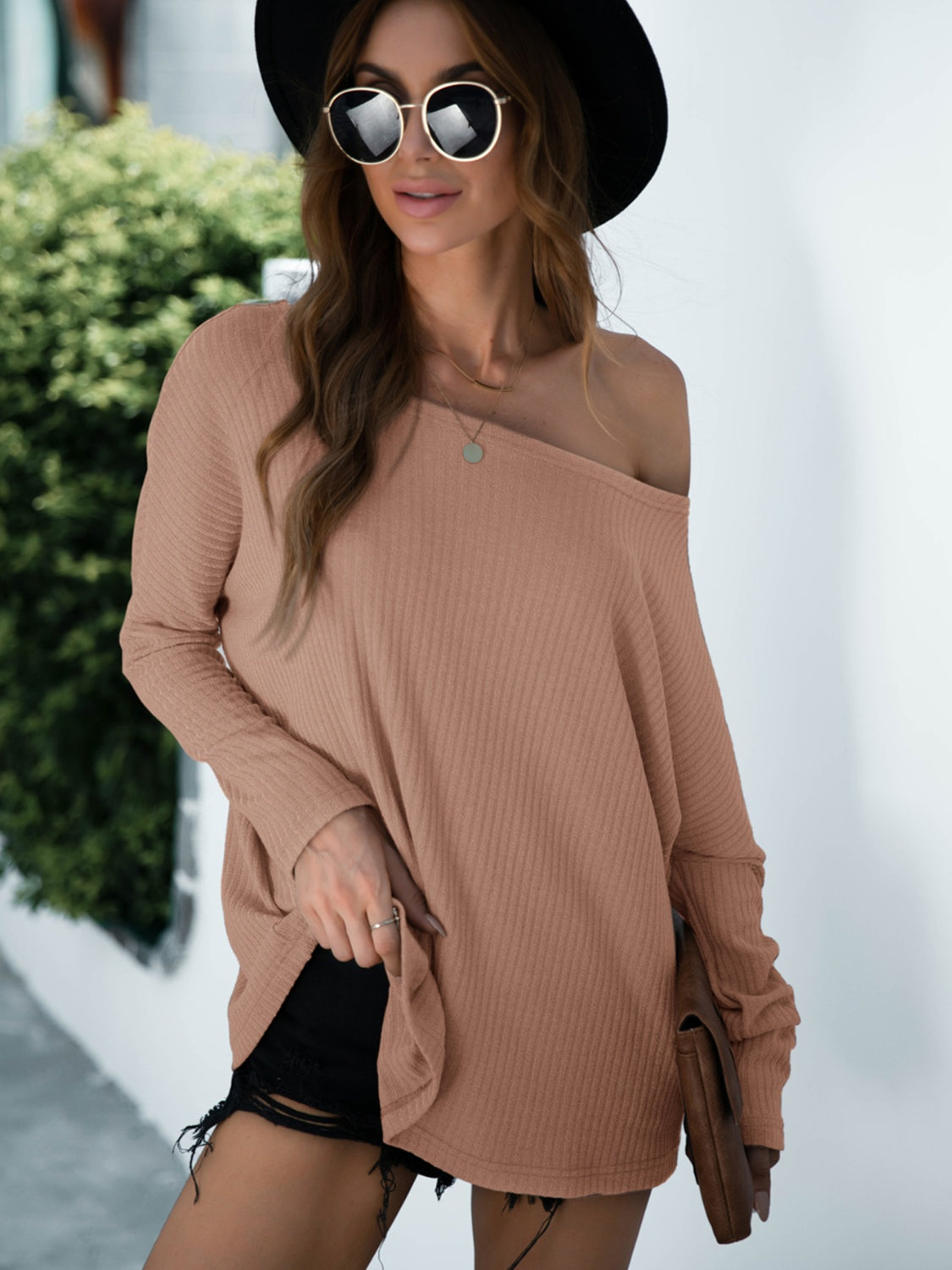 Single Shoulder Long Sleeve Knit Top - Tantalize Boutique