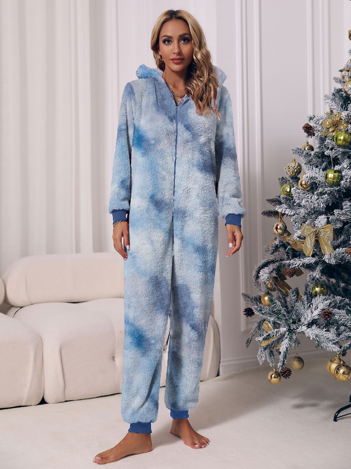 Zip Front Long Sleeve Hooded Teddy Lounge Jumpsuit - Tantalize Boutique