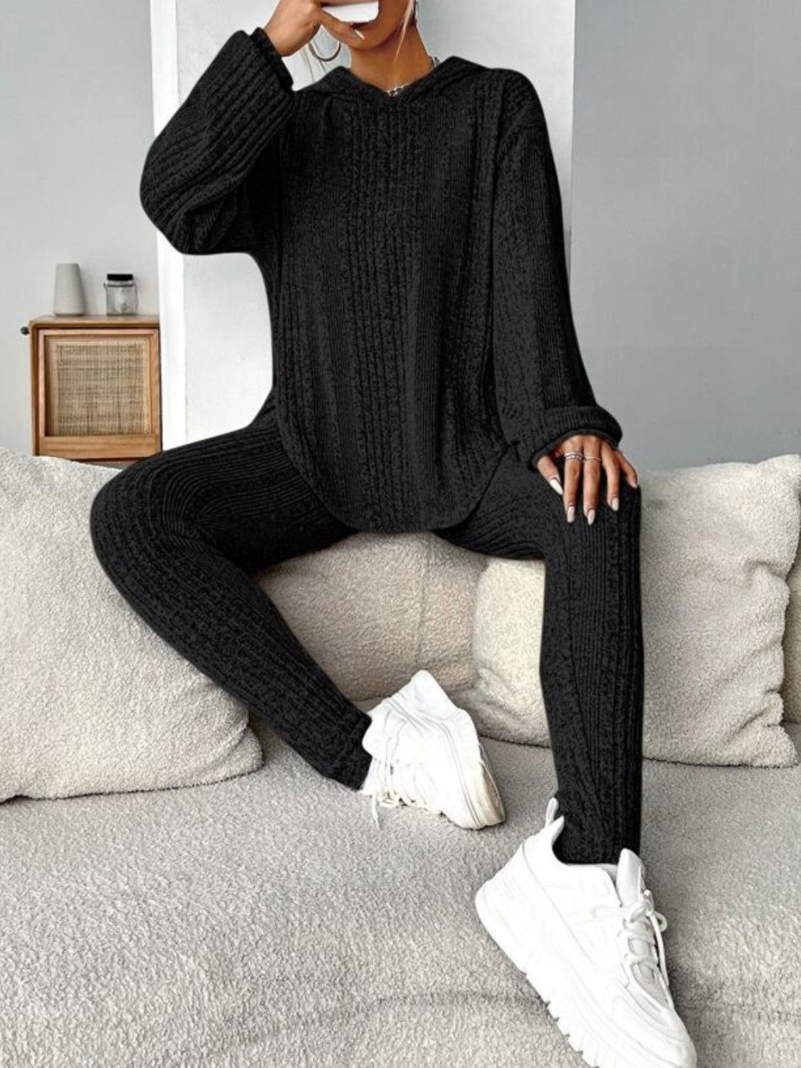 Round Neck Dropped Shoulder Hoodie and Pants Set - Tantalize Boutique