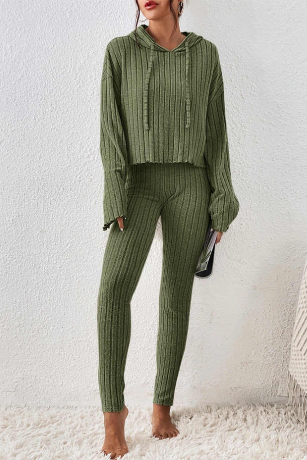 Lettuce Hem Dropped Shoulder Hooded Top and Pants Set - Tantalize Boutique