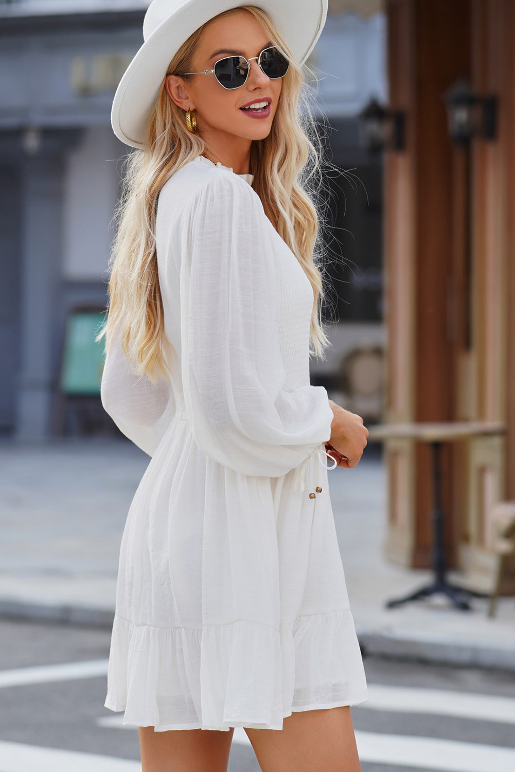Smocked Tied Balloon Sleeve Mini Dress - Tantalize Boutique