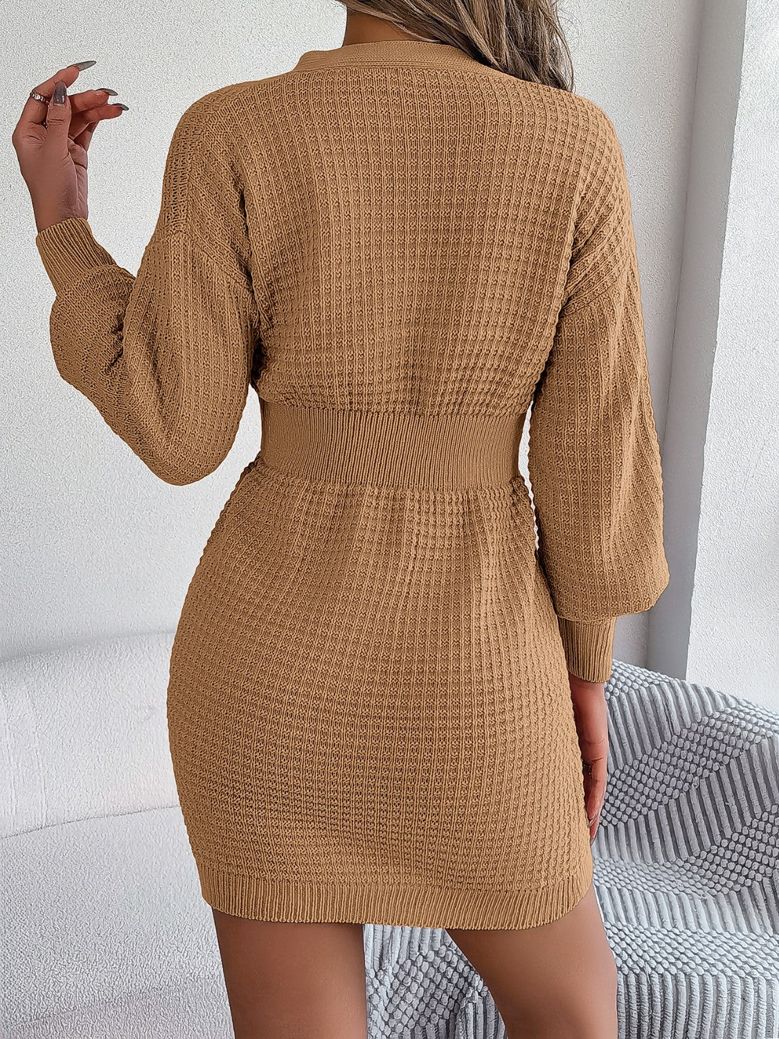 Buttoned Cable-Knit V-Neck Sweater Dress - Tantalize Boutique