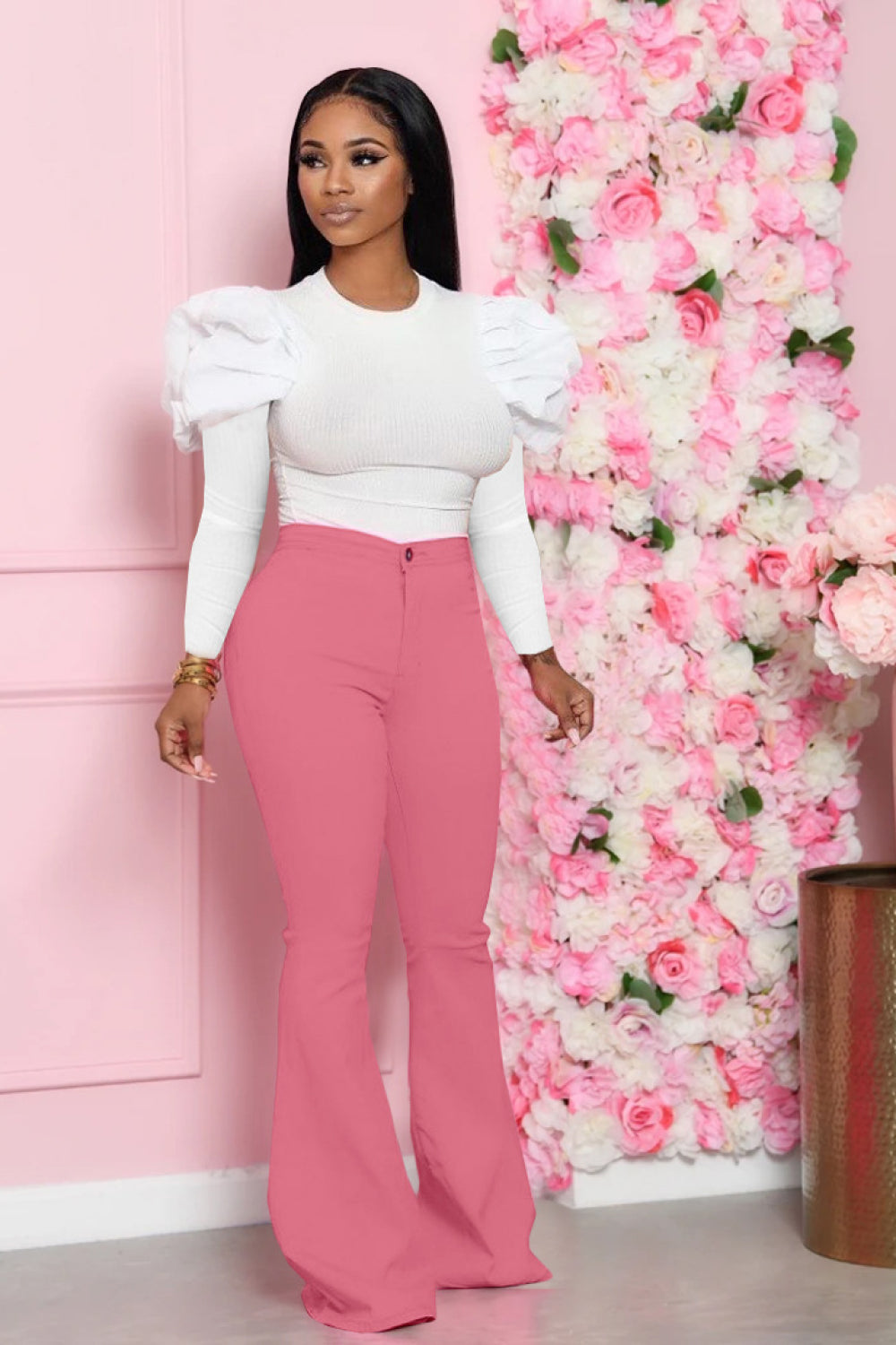 Leg-Of-Mutton Sleeve Top and Flare Pants Set - Tantalize Boutique