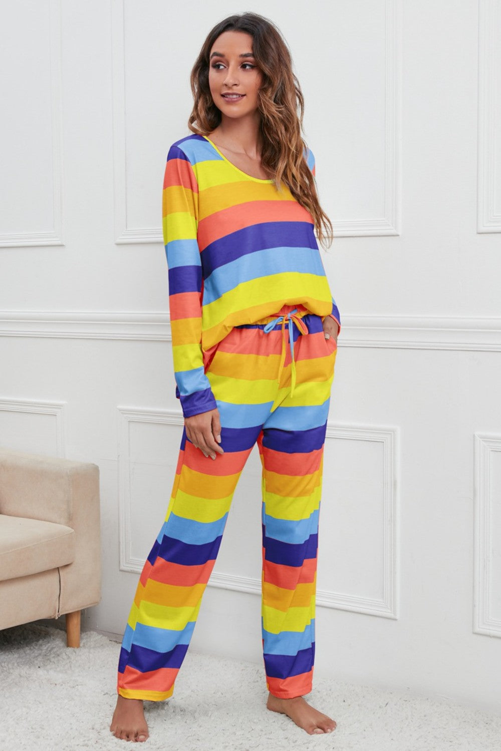 Striped Round Neck Long Sleeve Top and Drawstring Pants Lounge Set - Tantalize Boutique