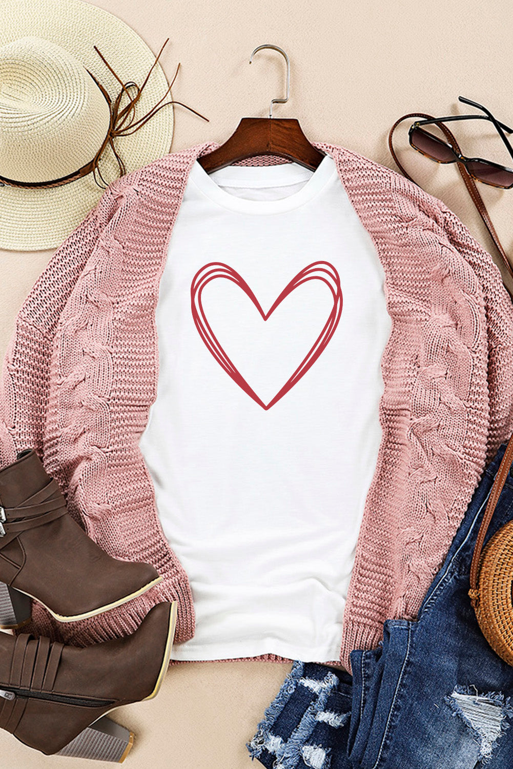 Heart Round Neck Short Sleeve T-Shirt - Tantalize Boutique