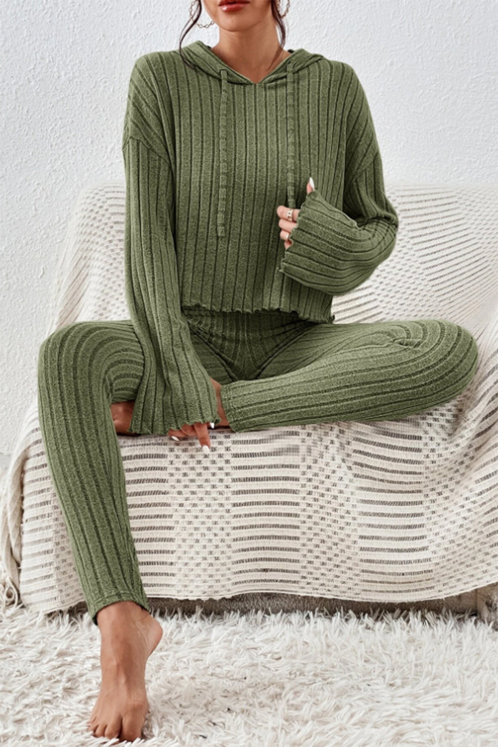 Lettuce Hem Dropped Shoulder Hooded Top and Pants Set - Tantalize Boutique