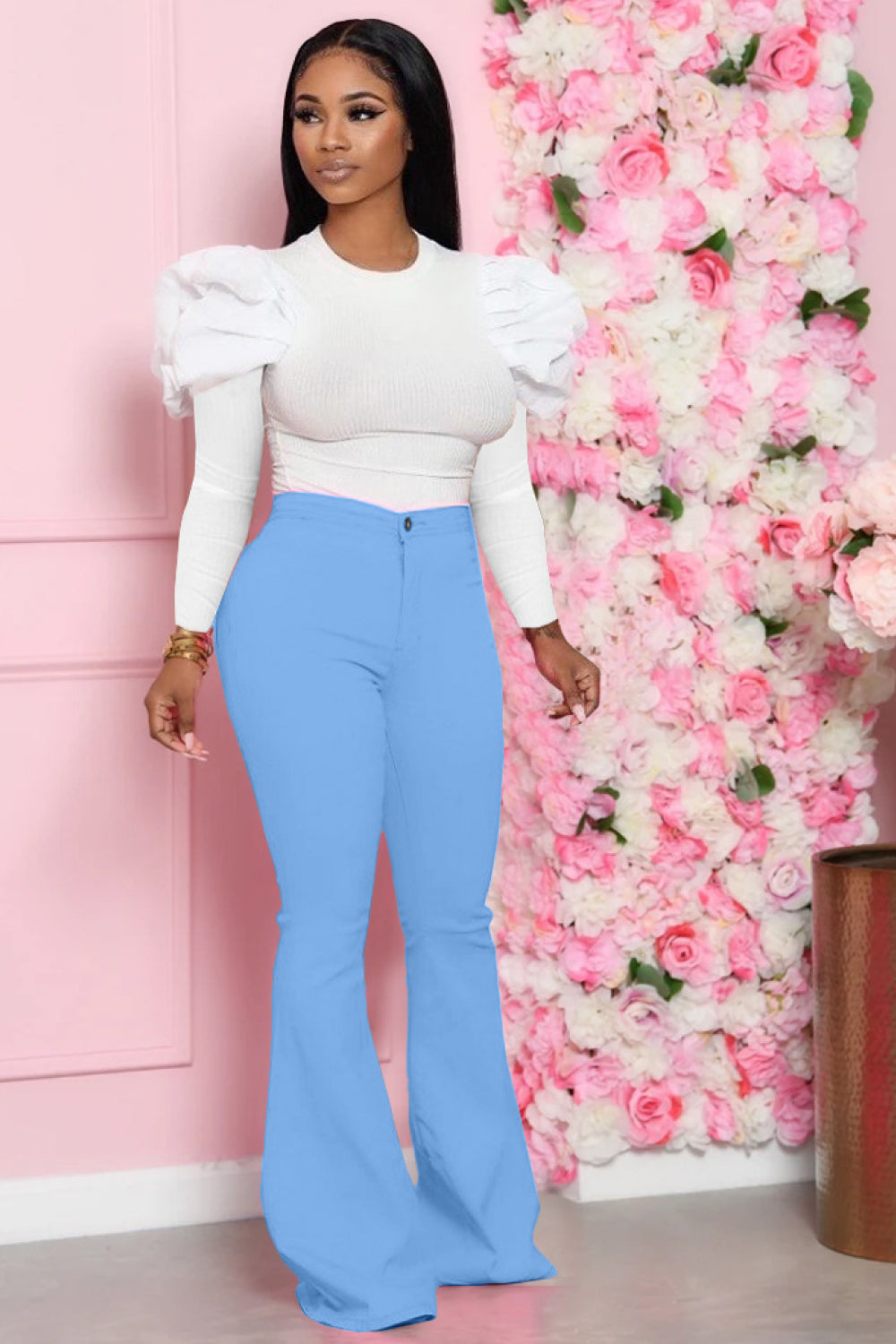 Leg-Of-Mutton Sleeve Top and Flare Pants Set - Tantalize Boutique