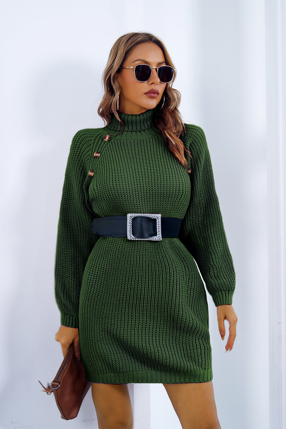 Buttoned Turtleneck Long Sleeve Sweater Dress - Tantalize Boutique