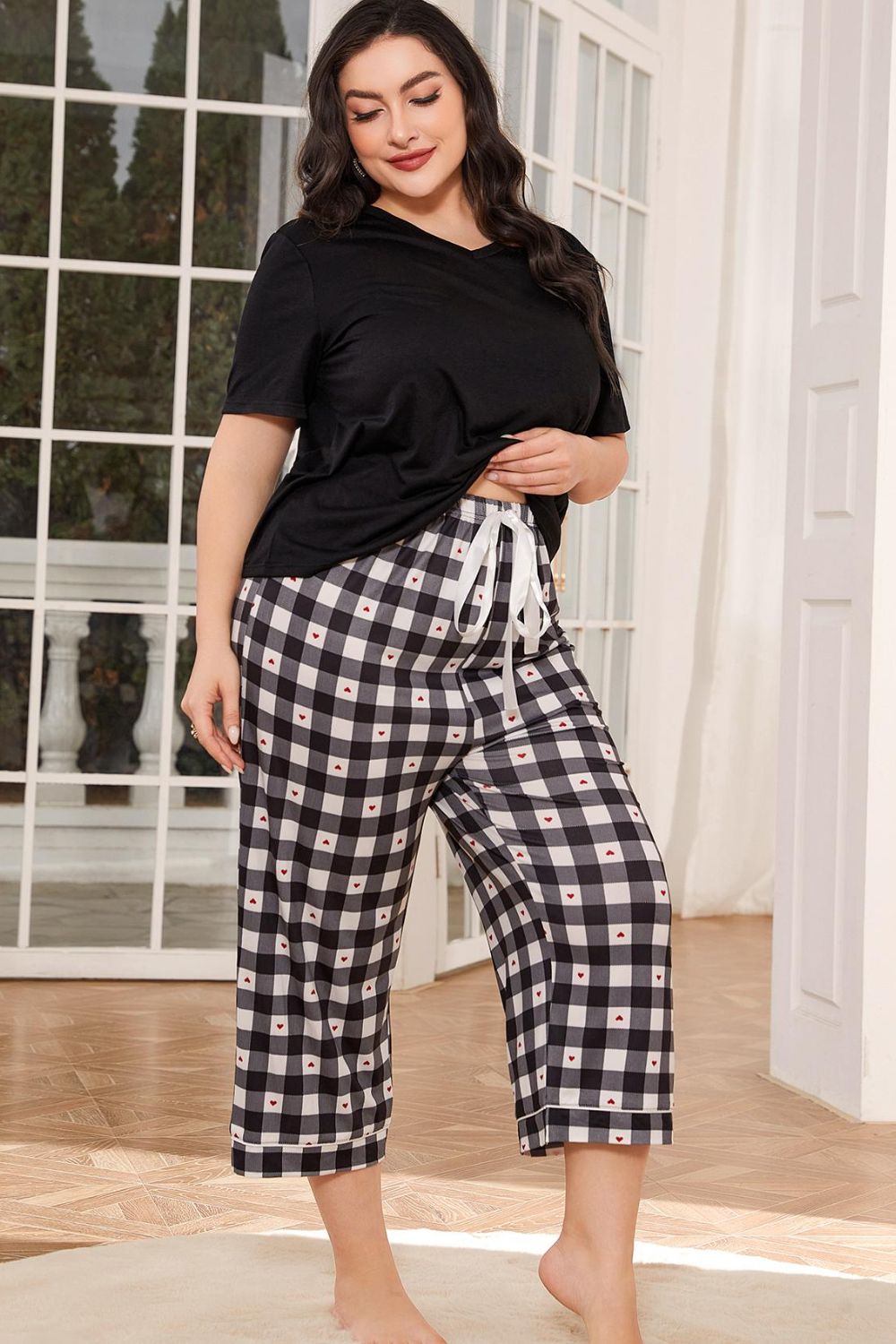 V-Neck Tee and Plaid Cropped Pants Lounge Set - Tantalize Boutique