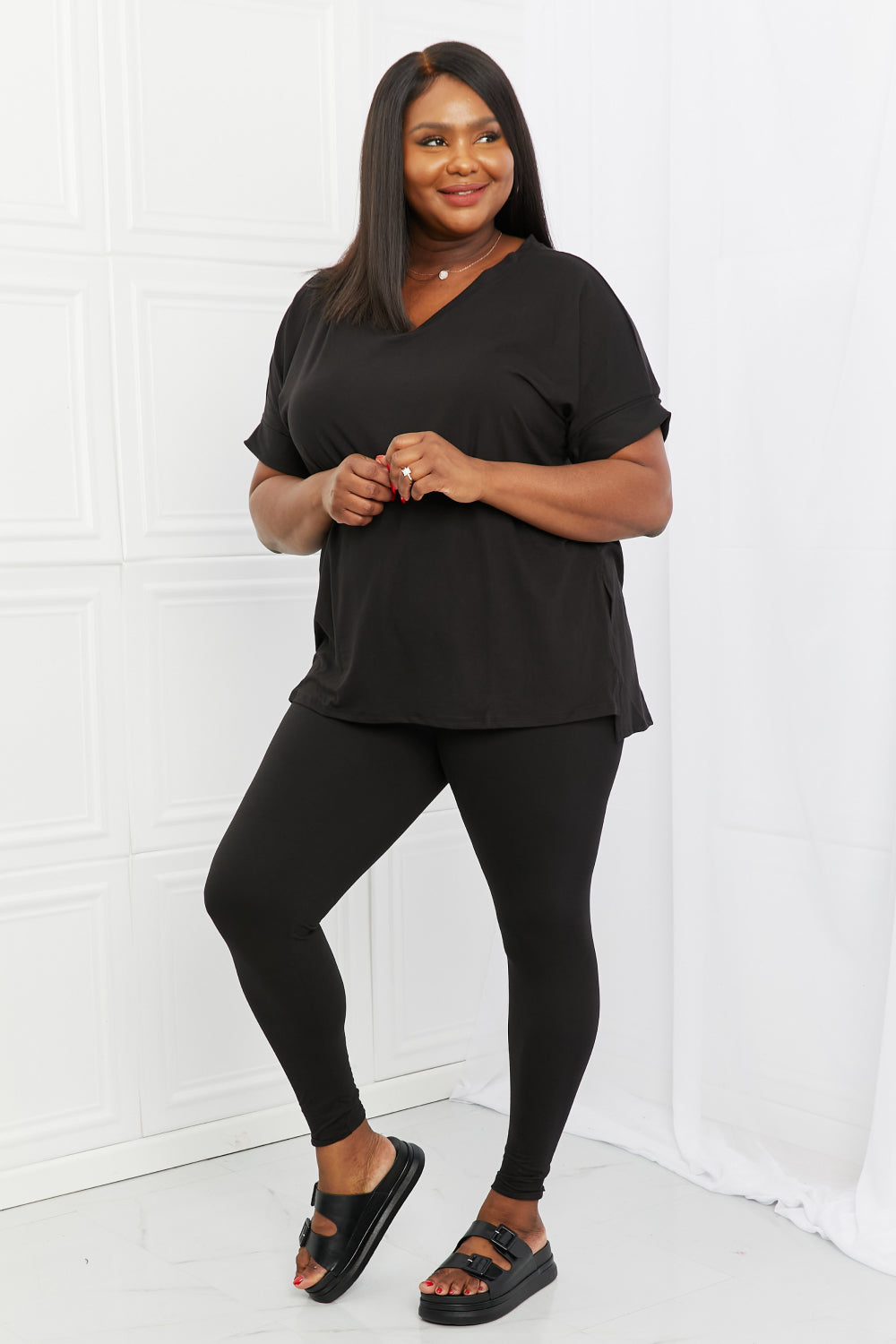 Zenana Self Love Full Size Brushed DTY Microfiber Lounge Set in Black - Tantalize Boutique