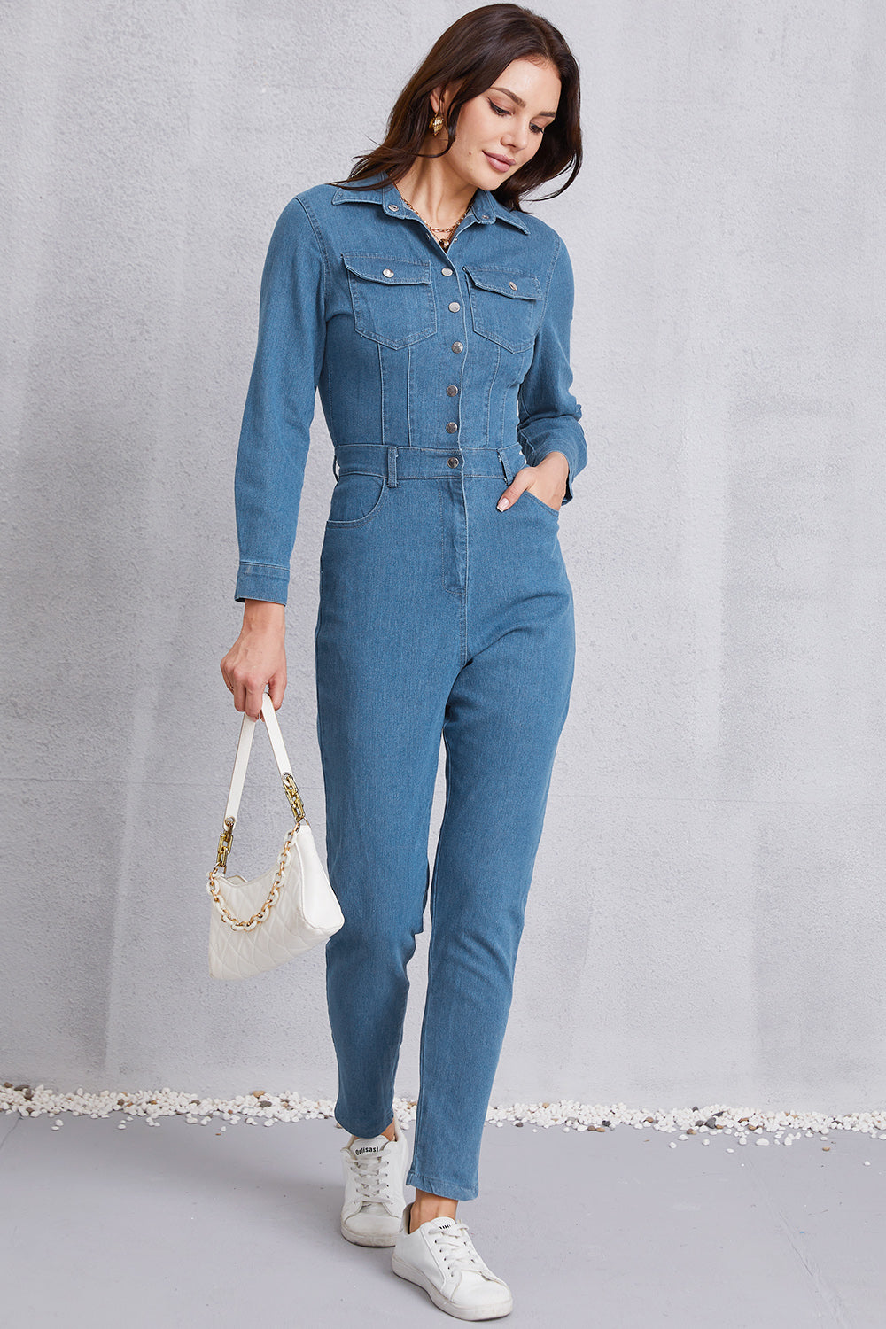 Snap Down Denim Jumpsuit with Pockets - Tantalize Boutique