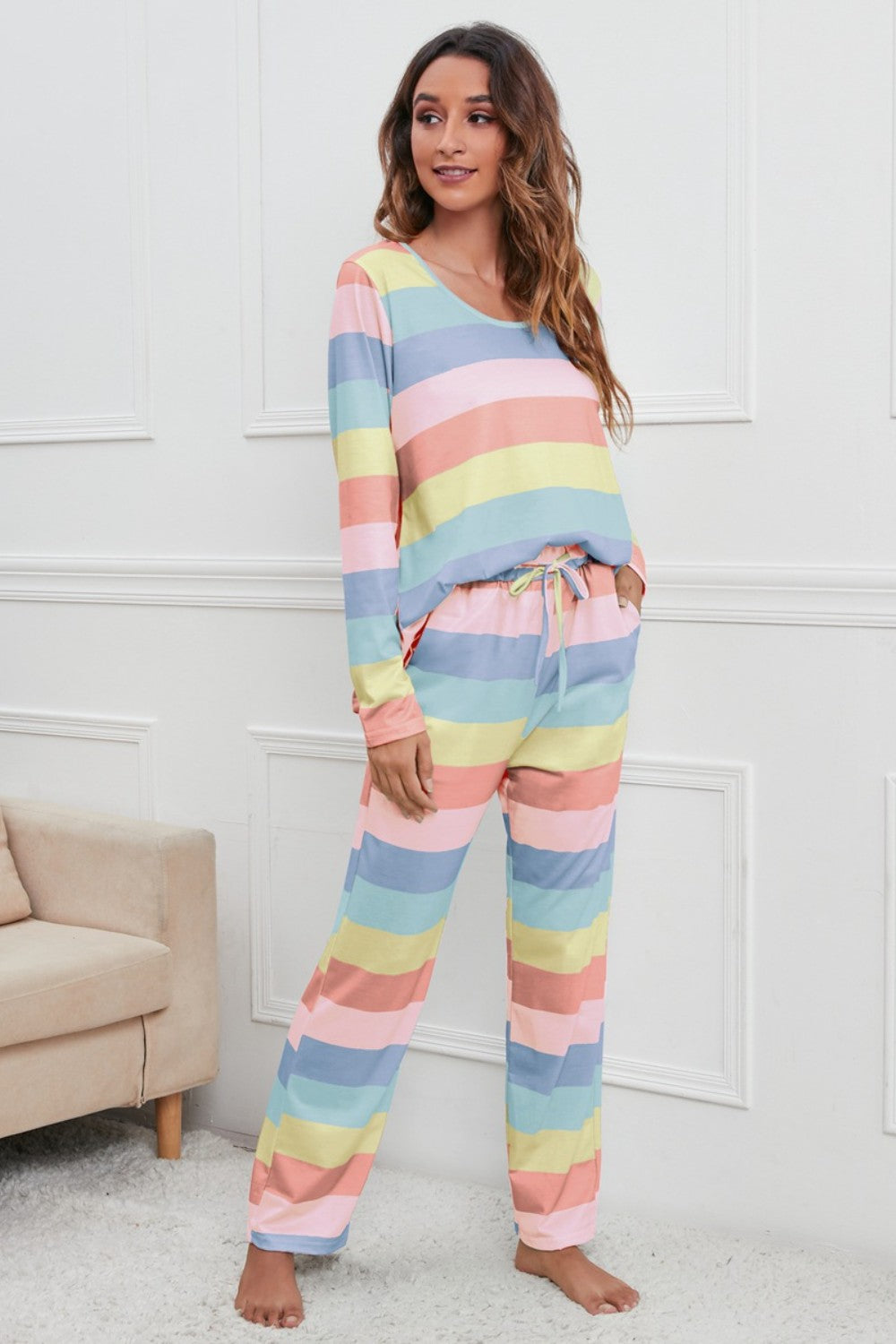 Striped Round Neck Long Sleeve Top and Drawstring Pants Lounge Set - Tantalize Boutique