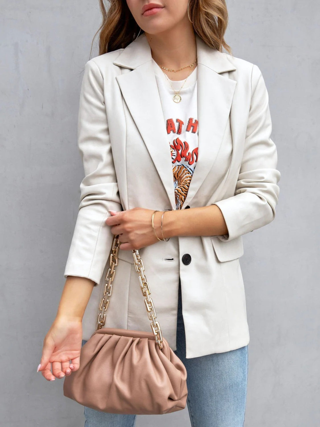Faux Leather Button Up Long Sleeve Blazer - Tantalize Boutique