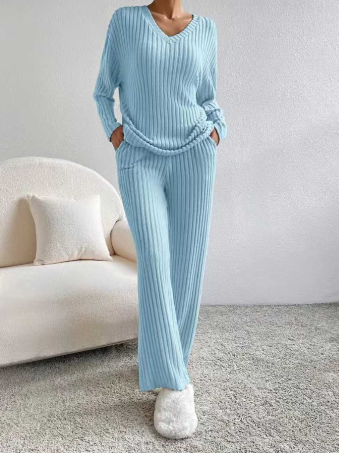 Ribbed V-Neck Long Sleeve Top and Pants Set - Tantalize Boutique