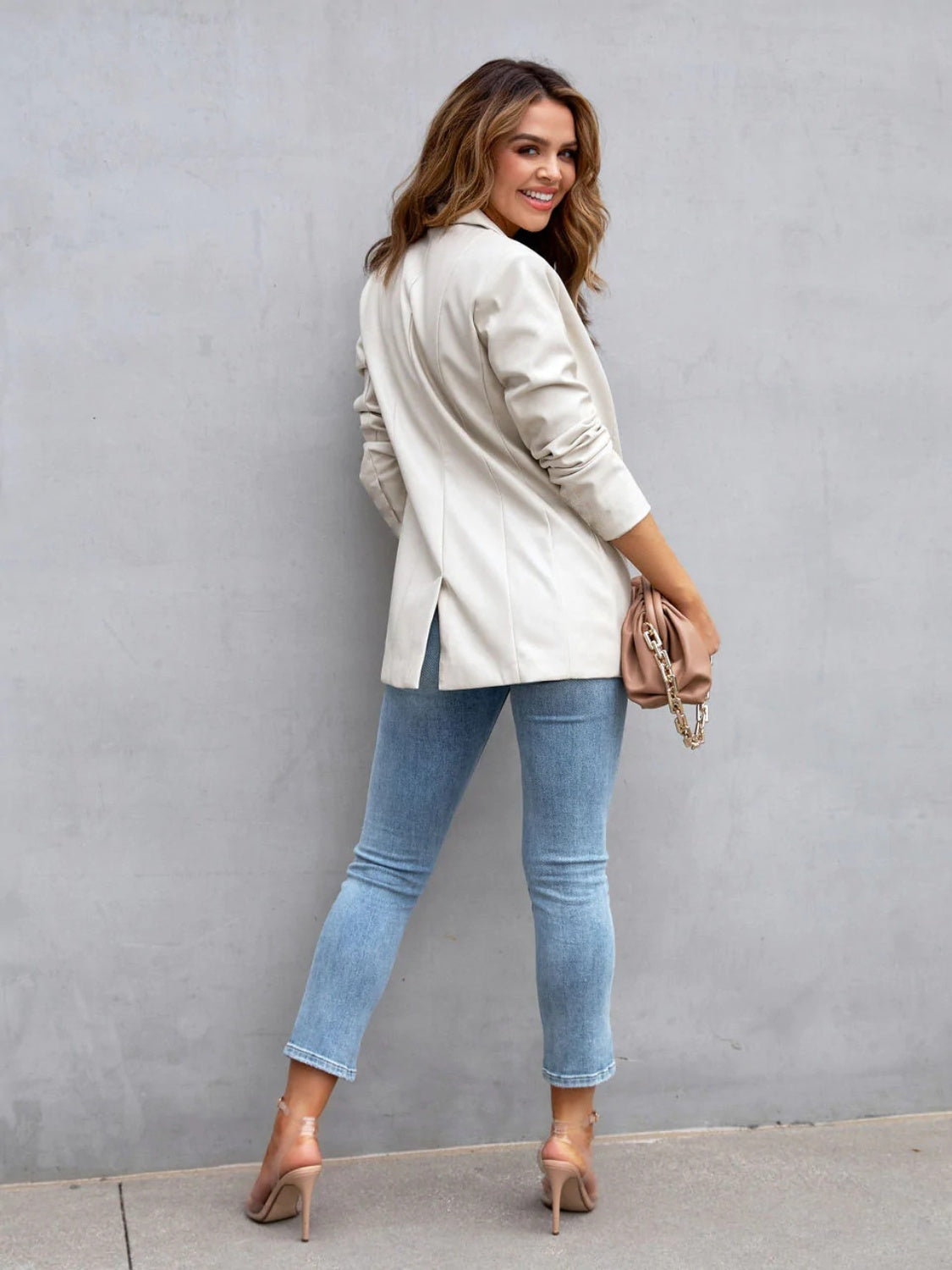 Faux Leather Button Up Long Sleeve Blazer - Tantalize Boutique