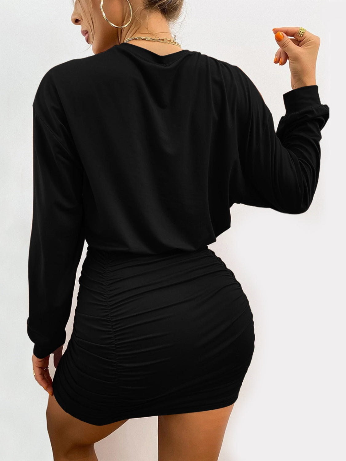 Ruched Long Sleeve Mini Wrap Dress - Tantalize Boutique