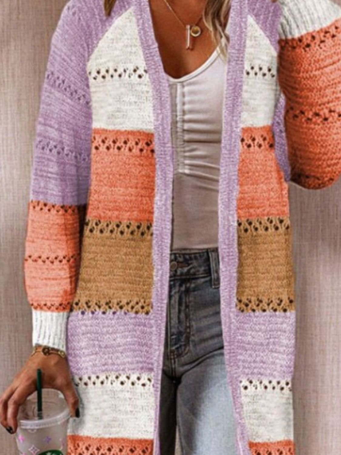 Color Block Open Front Openwork Cardigan - Tantalize Boutique