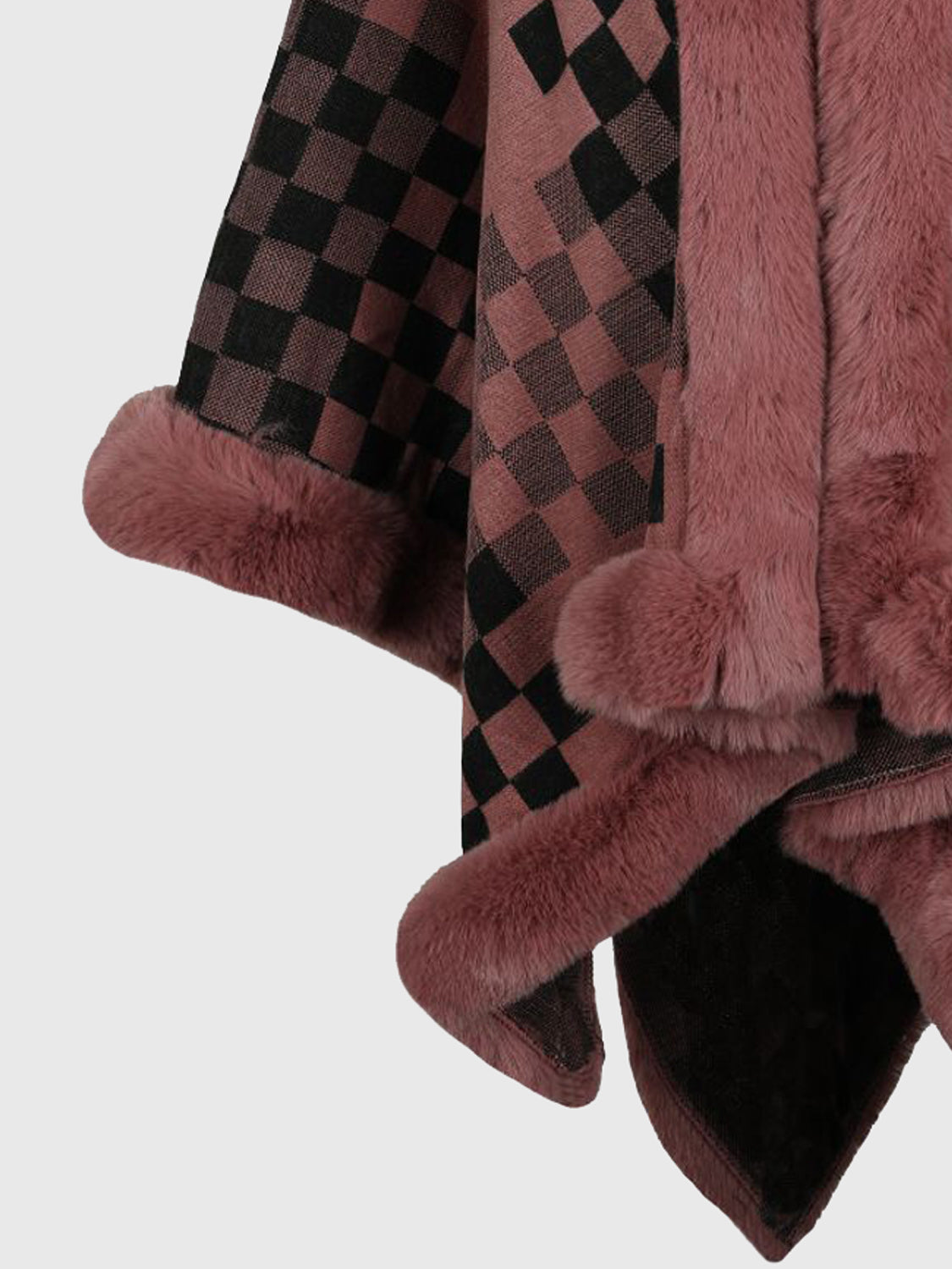 Checkered Faux Fur Trim Poncho - Tantalize Boutique