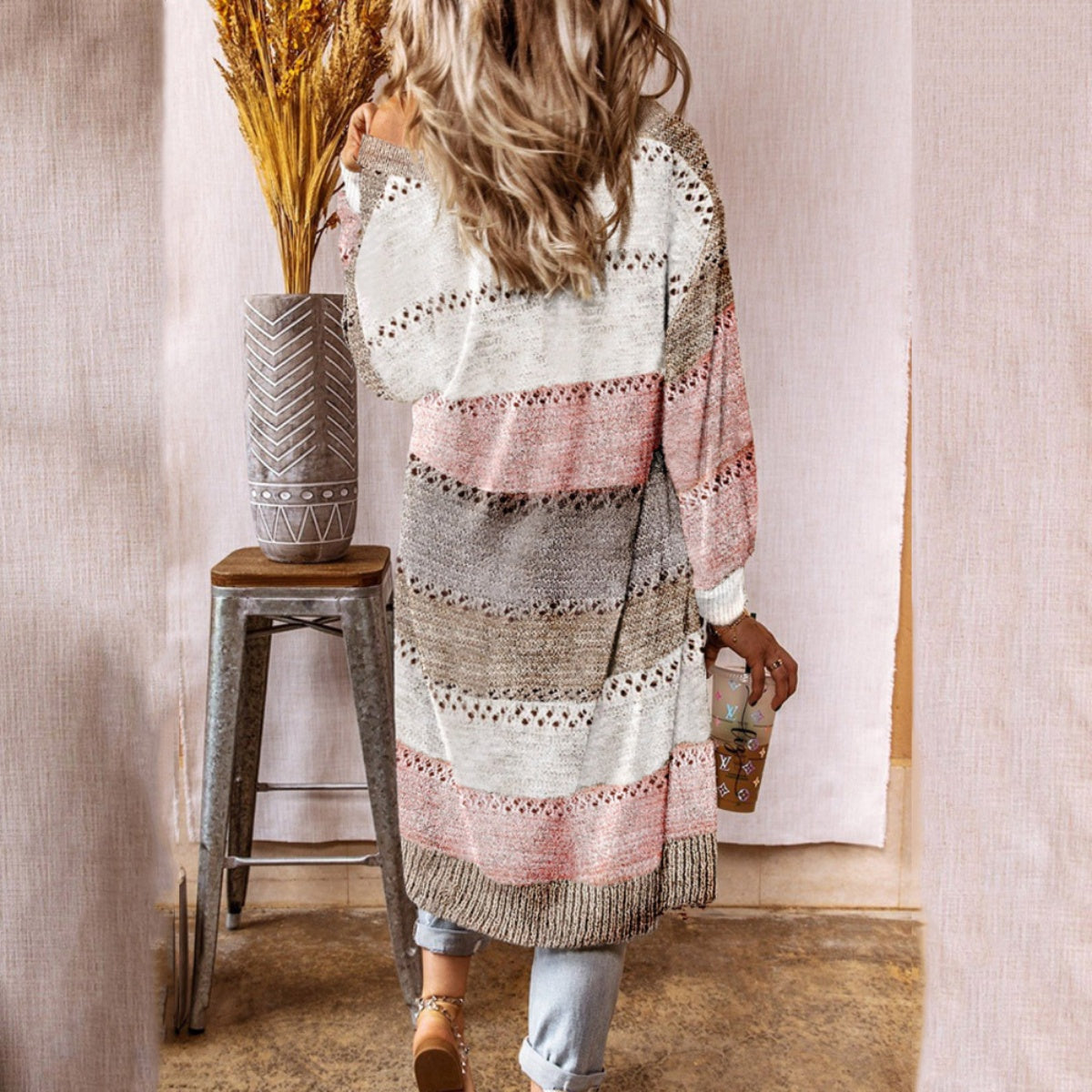 Color Block Open Front Openwork Cardigan - Tantalize Boutique