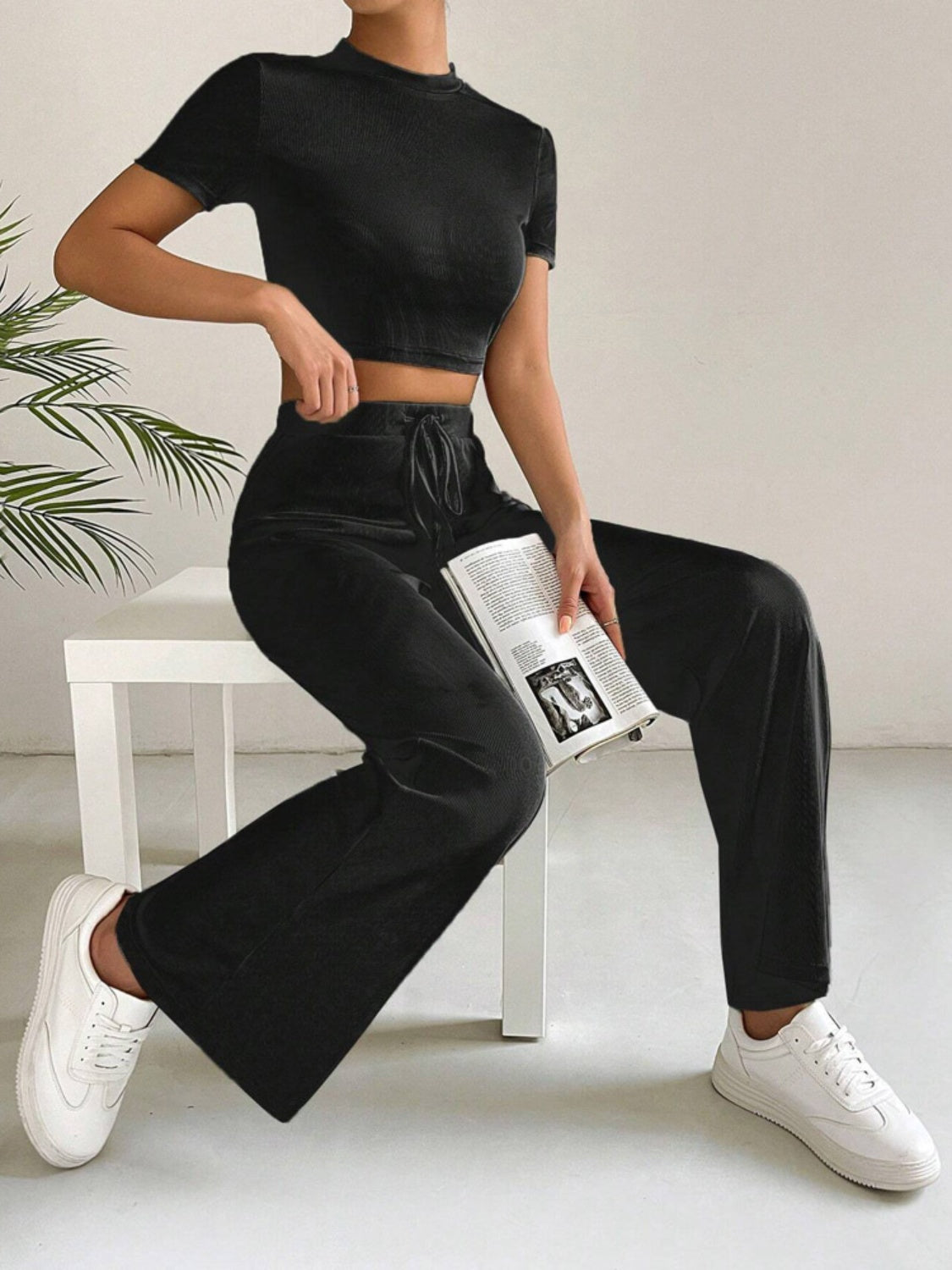 Drawstring Mock Neck Top and High Waist Pants Set - Tantalize Boutique