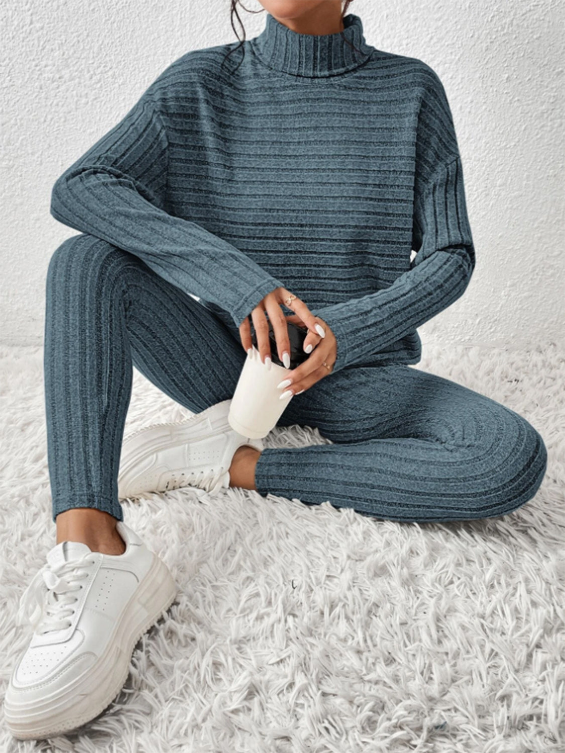 Ribbed Turtleneck Top and Pants Set - Tantalize Boutique