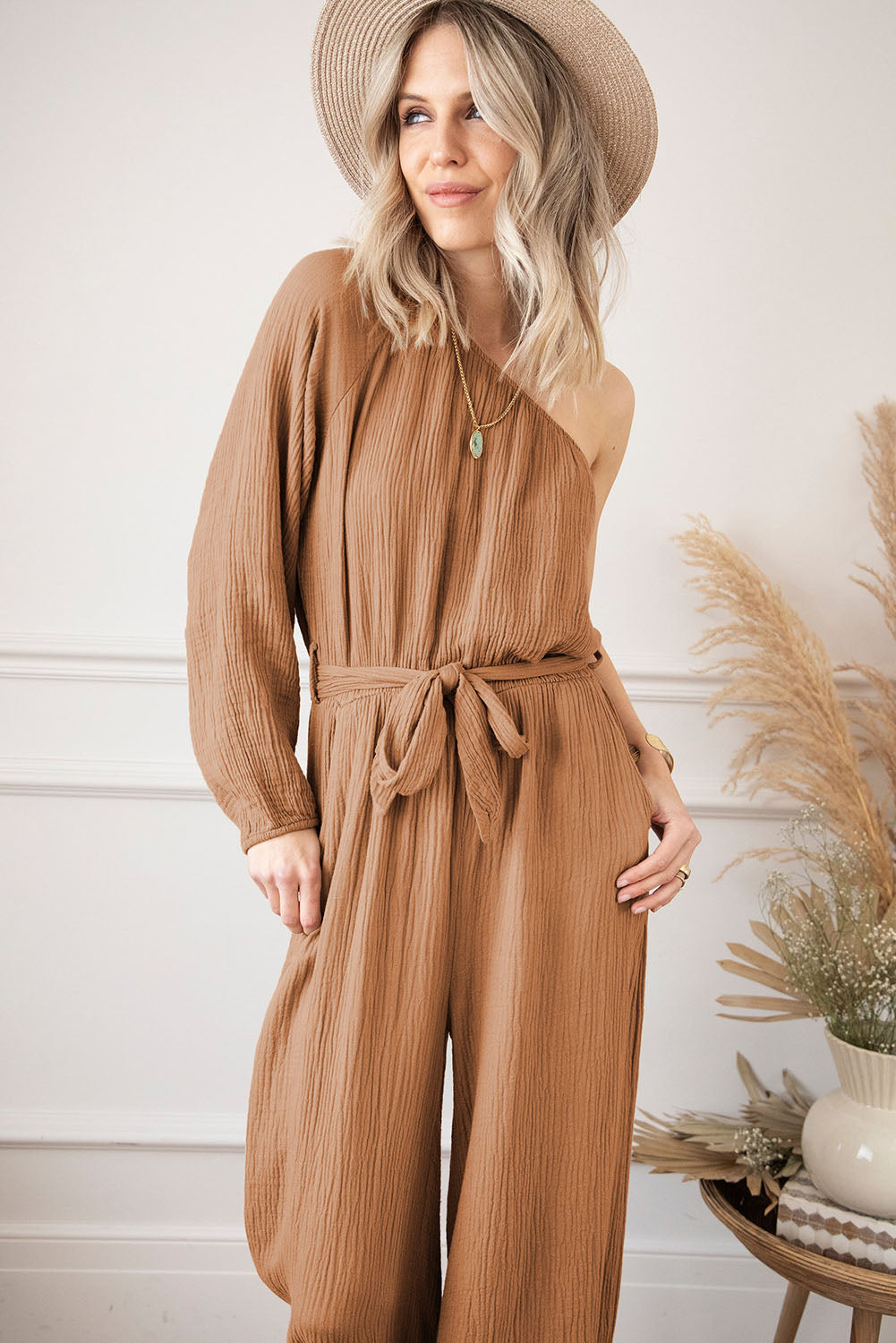 Texture Single Shoulder Tie-Waist Jumpsuit - Tantalize Boutique
