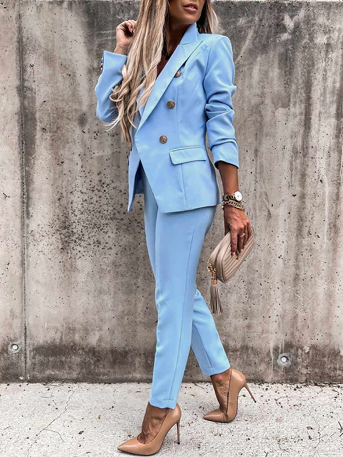 Lapel Collar Long Sleeve Blazer and Pants Set - Tantalize Boutique